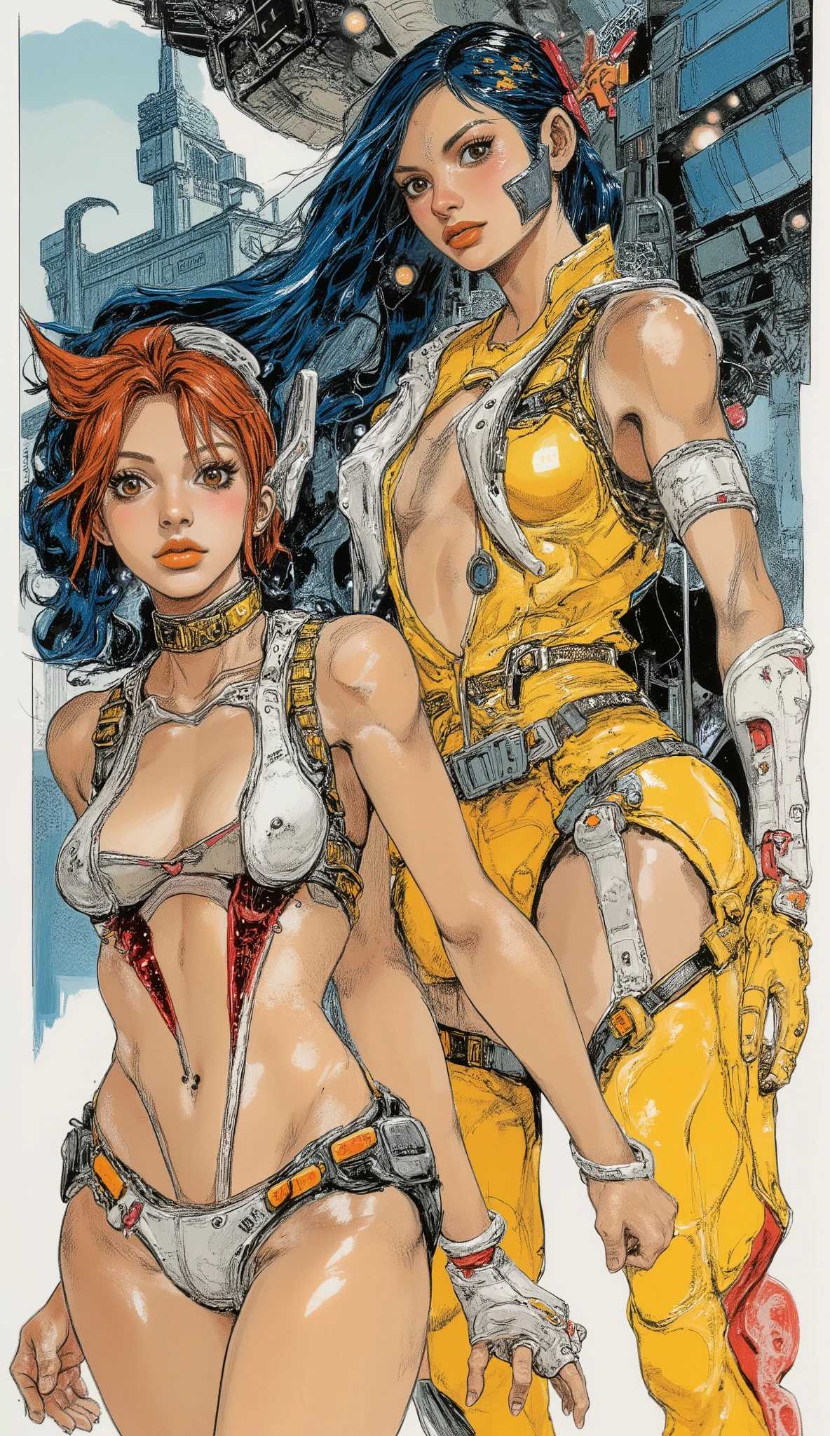 shows off. The character on the left is a short, Red hair and confident々pose for、Sci-Fi Style。、I'm wearing a two-piece short futuristic costume with white and red trim、shoot guns with matching gloves. focuses on action and style 、wears a two-piece short futuristic bikini outfit with white and red trim, the face and eyes of women 、two-piece short futuristic costume with yellow and red trim that conveys love and focus。, 、I wear a yellow utility belt and long flowing blue hair. both characters shine, Smooth Skin, vivid atmosphere of。 good chest The large 、vivid atmosphere, contribute to a dynamic atmosphere, long.