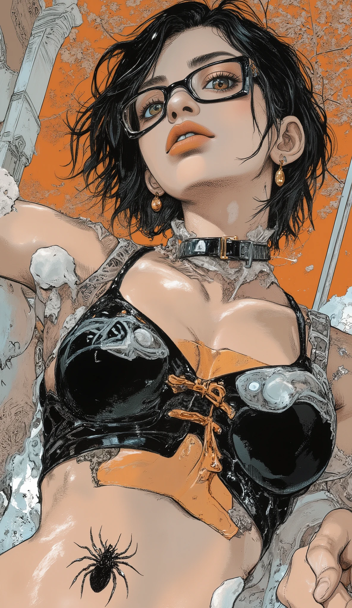 Selfie outside a bright room、wearing glasses、An up of a woman wearing a black sports bra,black spider tattoo on the waist、spider tattoo with white letters wearing black glasses Ⅷ 、big boobs、peace sign facing the camera、Yoshitomo Nara, in my room glass,short hair、 Chiho, Belle Delphine, 黒いwearing glassesている, is cute , Takemura, in my room glass on, Glasses, 🚿🗝📝, Amano Ayami Kojima , Teshirogi's motto of research