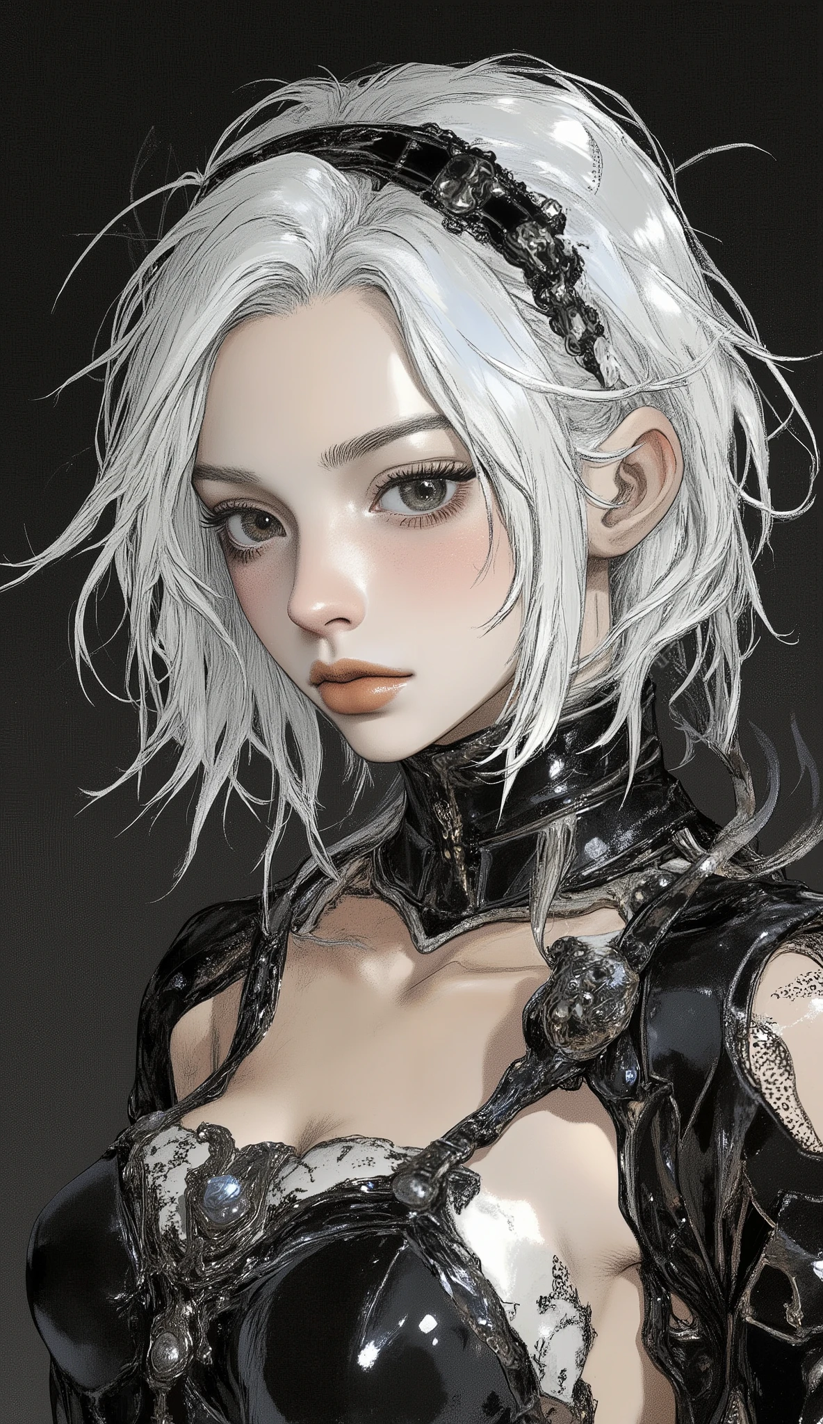   score_9,   score_8_up ,   score_7_up ,   score_6_up ,   score_5_up ,Rating_Safety,   source_photorealistic BREAK {(masterpiece,top quality,    16k portrait   , Ultra High Definition, very detailed work, Elegant and beautiful face 、eye 、skin、My hair)} BREAK {(1 Yorha-Woman-type      ), (Pale white My hair, shortcuts),(魅力的な青灰色ofeye ),(前My hairで左eye が隠れている),(thin body),attractive lips taken with multiple} BREAK {(sensual expression),sideways and I'm studying、 look down 、Type 2b,black,black_  My hairband  ,black leather dress,chest_ cutout ,of _ sleeve,white_My hair,