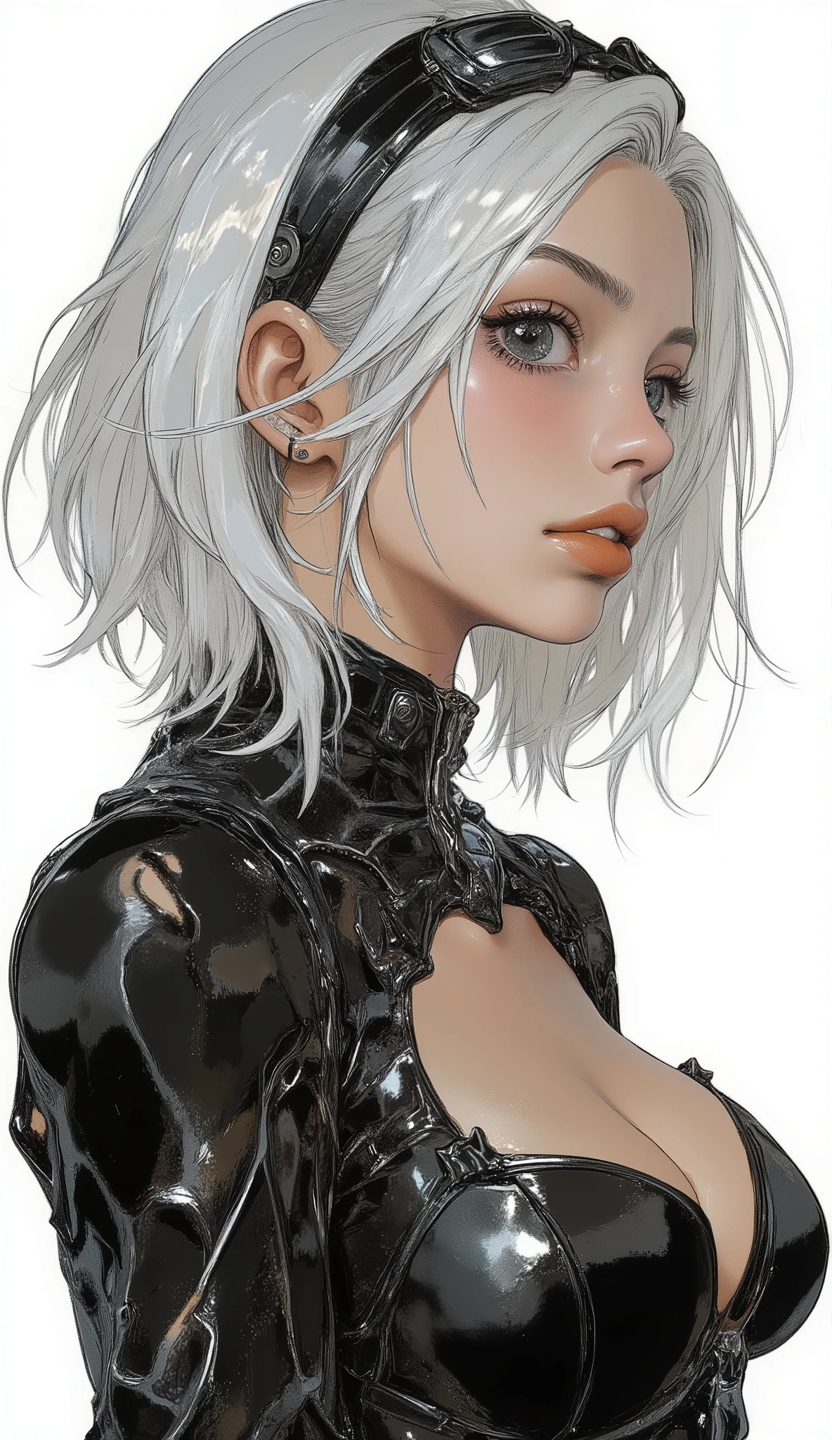 score_9, score_8_up , score_7_up , score_6_up , score_5_up ,Rating_Safety, source_photorealistic BREAK {(masterpiece,top quality, 16k portrait , Ultra High Definition, very detailed work, Elegant and beautiful face 、eye 、skin、My hair)} BREAK {(1 Yorha-Woman-type ), (Pale white My hair, shortcuts),(魅力的な青灰色ofeye ),(前My hairで左eye が隠れている),(thin body),attractive lips taken with multiple} BREAK {(sensual expression),sideways and I'm studying、 look down 、Type 2b,black,black_ My hairband ,black leather dress,chest_ cutout ,of _ sleeve,white_My hair,