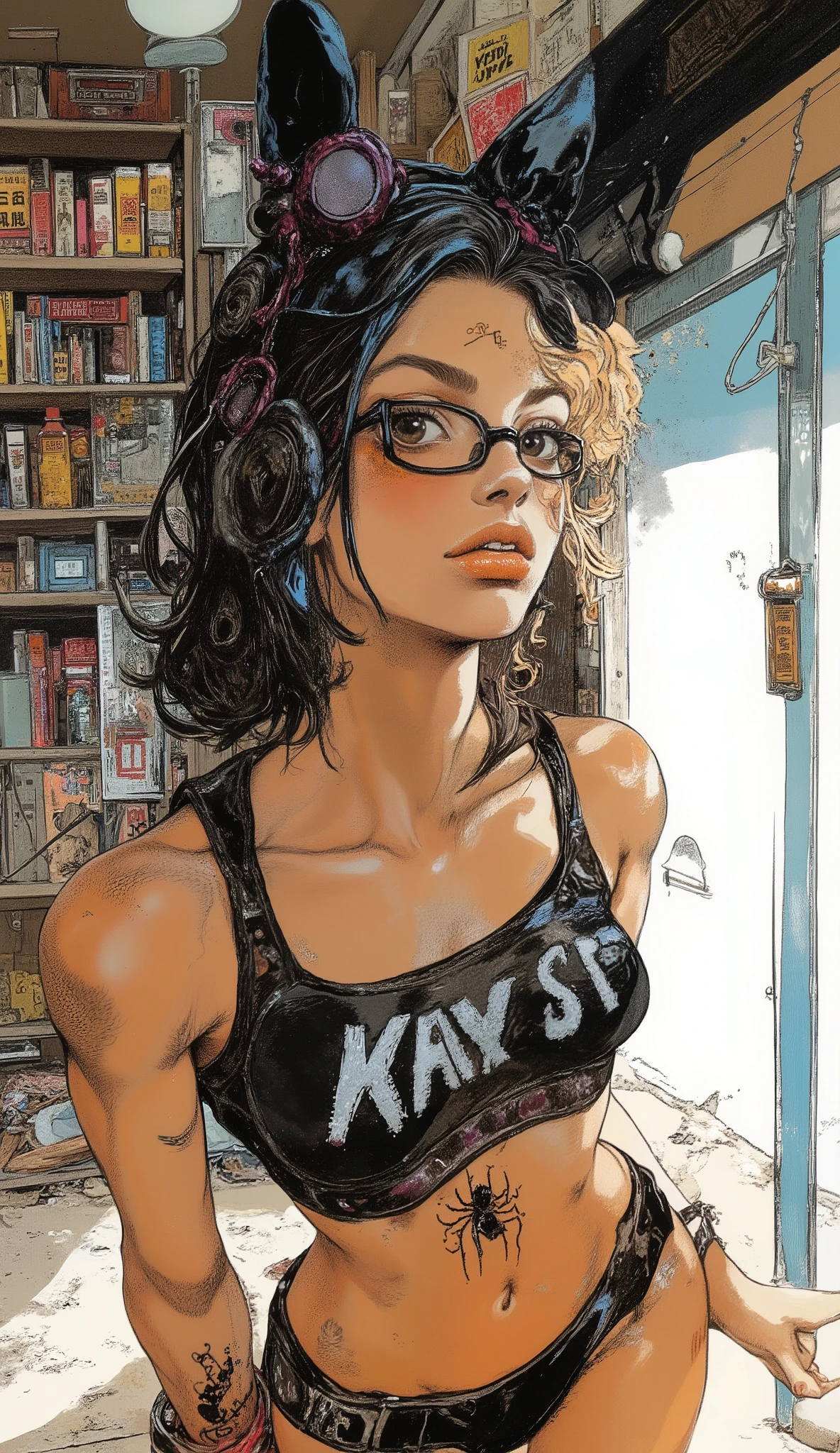 Selfie outside a bright room、wearing glasses、An up of a woman wearing a black sports bra,black spider tattoo on the waist、spider tattoo with white letters wearing black glasses Ⅷ 、big boobs、peace sign facing the camera、Yoshitomo Nara, in my room glass,short hair、 Chiho, Belle Delphine, 黒いwearing glassesている, is cute , Takemura, in my room glass on, Glasses, 🚿🗝📝, Amano Ayami Kojima , Teshirogi's motto of research