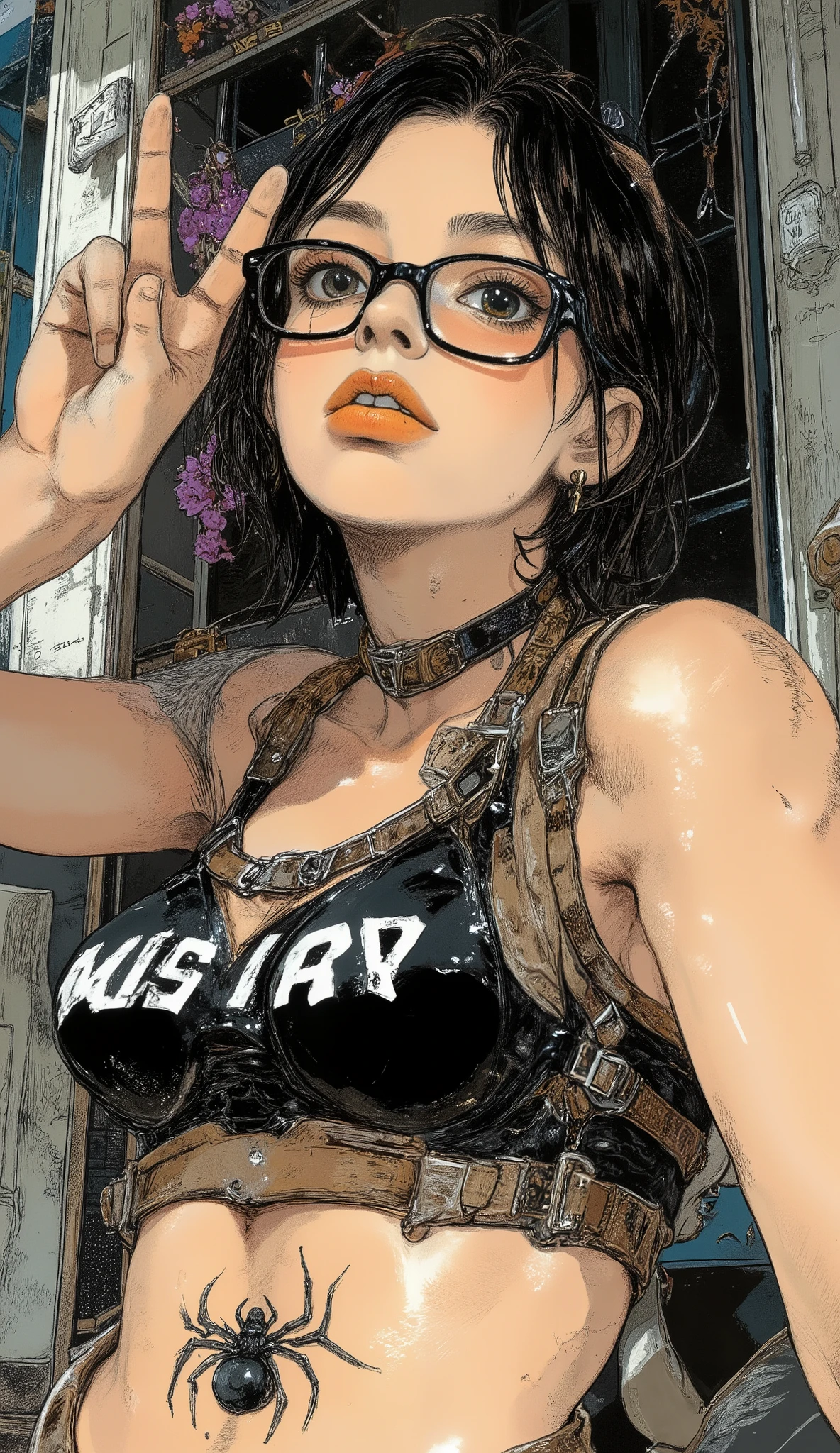 Selfie outside a bright room、wearing glasses、An up of a woman wearing a black sports bra,black spider tattoo on the waist、spider tattoo with white letters wearing black glasses Ⅷ 、big boobs、peace sign facing the camera、Yoshitomo Nara, in my room glass,short hair、 Chiho, Belle Delphine, 黒いwearing glassesている, is cute , Takemura, in my room glass on, Glasses, 🚿🗝📝, Amano Ayami Kojima , Teshirogi's motto of research