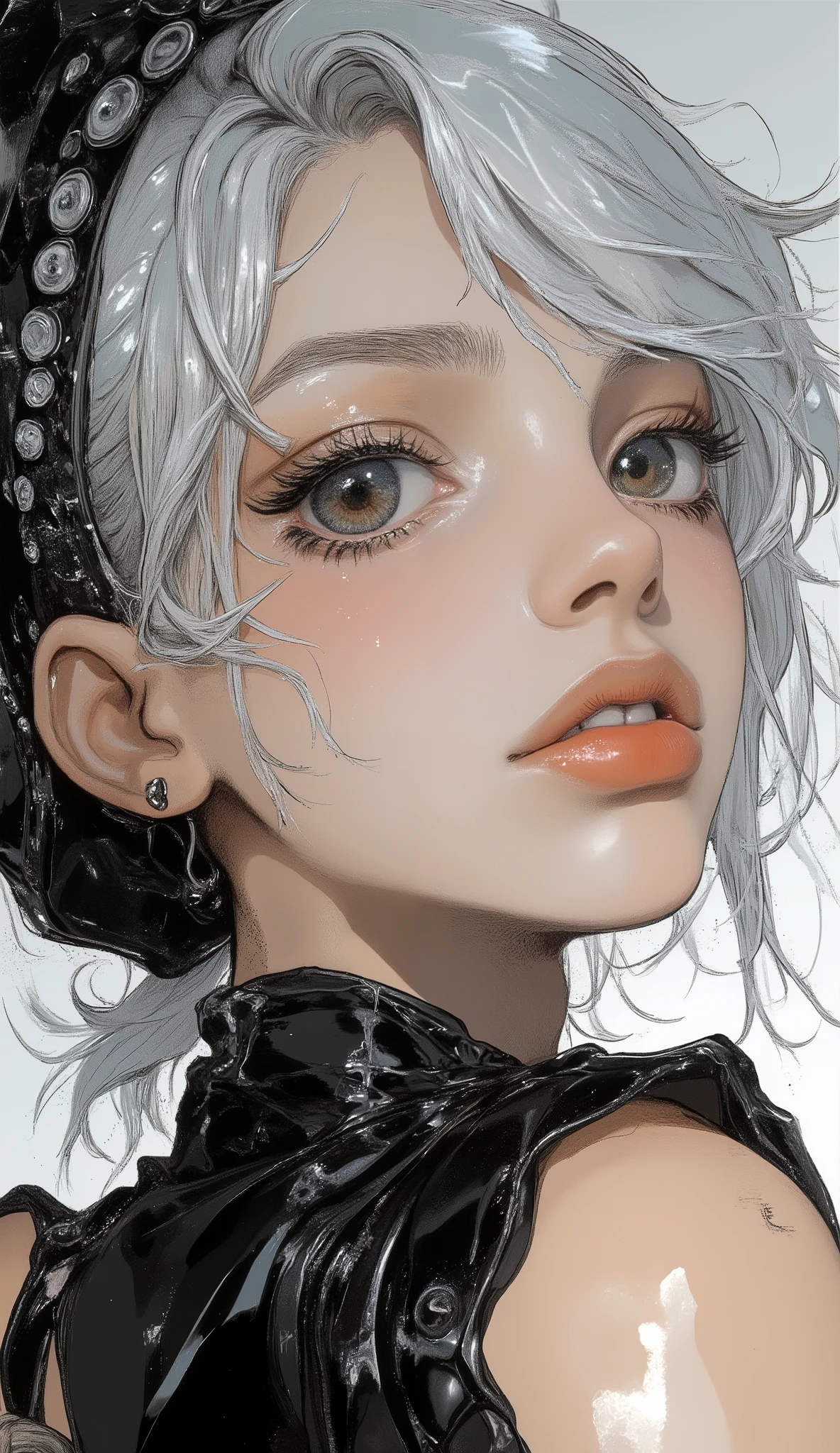   score_9,   score_8_up ,   score_7_up ,   score_6_up ,   score_5_up ,Rating_Safety,   source_photorealistic BREAK {(masterpiece,top quality,    16k portrait   , Ultra High Definition, very detailed work, Elegant and beautiful face 、eye 、skin、My hair)} BREAK {(1 Yorha-Woman-type      ), (Pale white My hair, shortcuts),(魅力的な青灰色ofeye ),(前My hairで左eye が隠れている),(thin body),attractive lips taken with multiple} BREAK {(sensual expression),sideways and I'm studying、 look down 、Type 2b,black,black_  My hairband  ,black leather dress,chest_ cutout ,of _ sleeve,white_My hair,