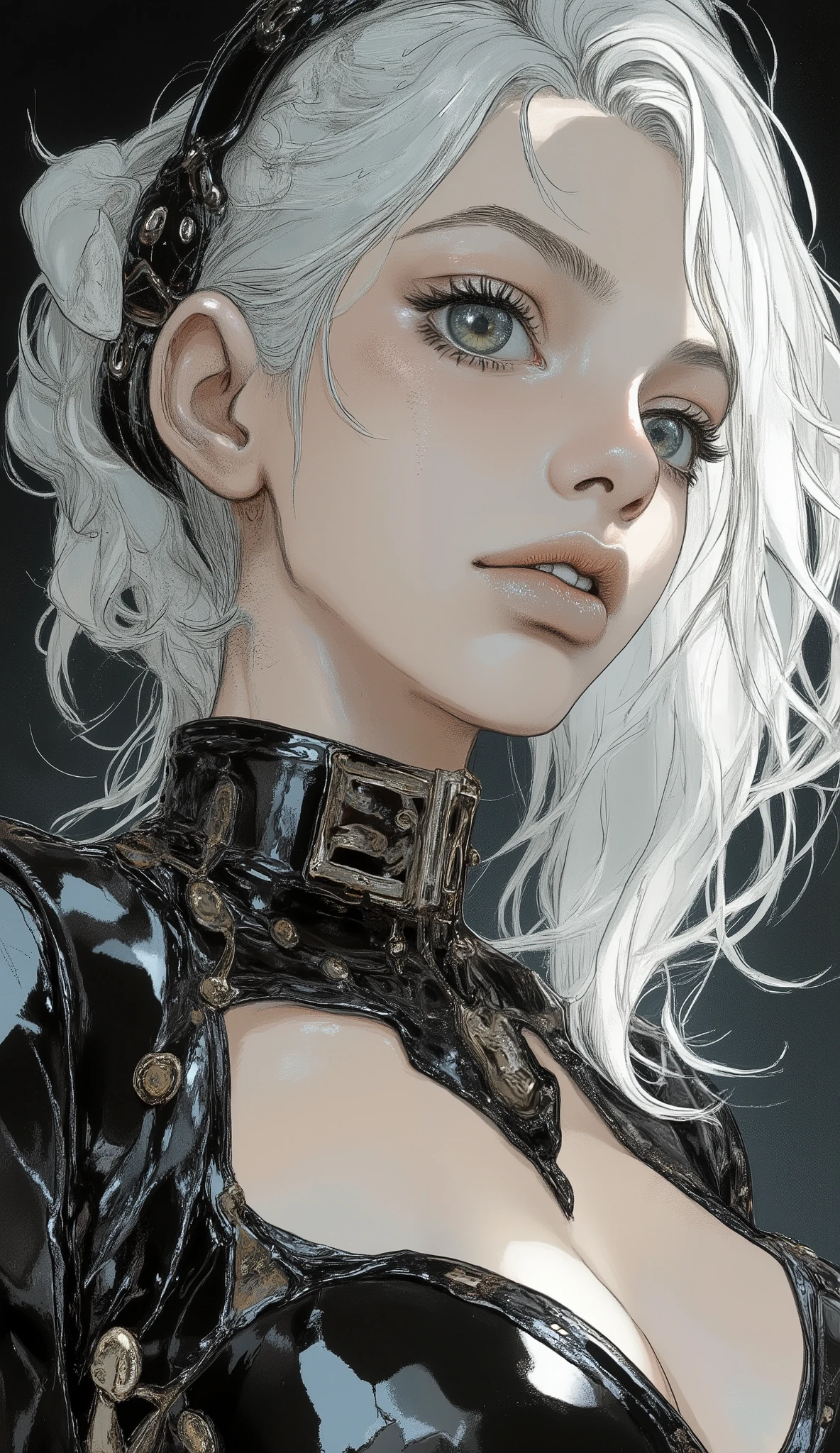 score_9, score_8_up , score_7_up , score_6_up , score_5_up ,Rating_Safety, source_photorealistic BREAK {(masterpiece,top quality, 16k portrait , Ultra High Definition, very detailed work, Elegant and beautiful face 、eye 、skin、My hair)} BREAK {(1 Yorha-Woman-type ), (Pale white My hair, shortcuts),(魅力的な青灰色ofeye ),(前My hairで左eye が隠れている),(thin body),attractive lips taken with multiple} BREAK {(sensual expression),sideways and I'm studying、 look down 、Type 2b,black,black_ My hairband ,black leather dress,chest_ cutout ,of _ sleeve,white_My hair,