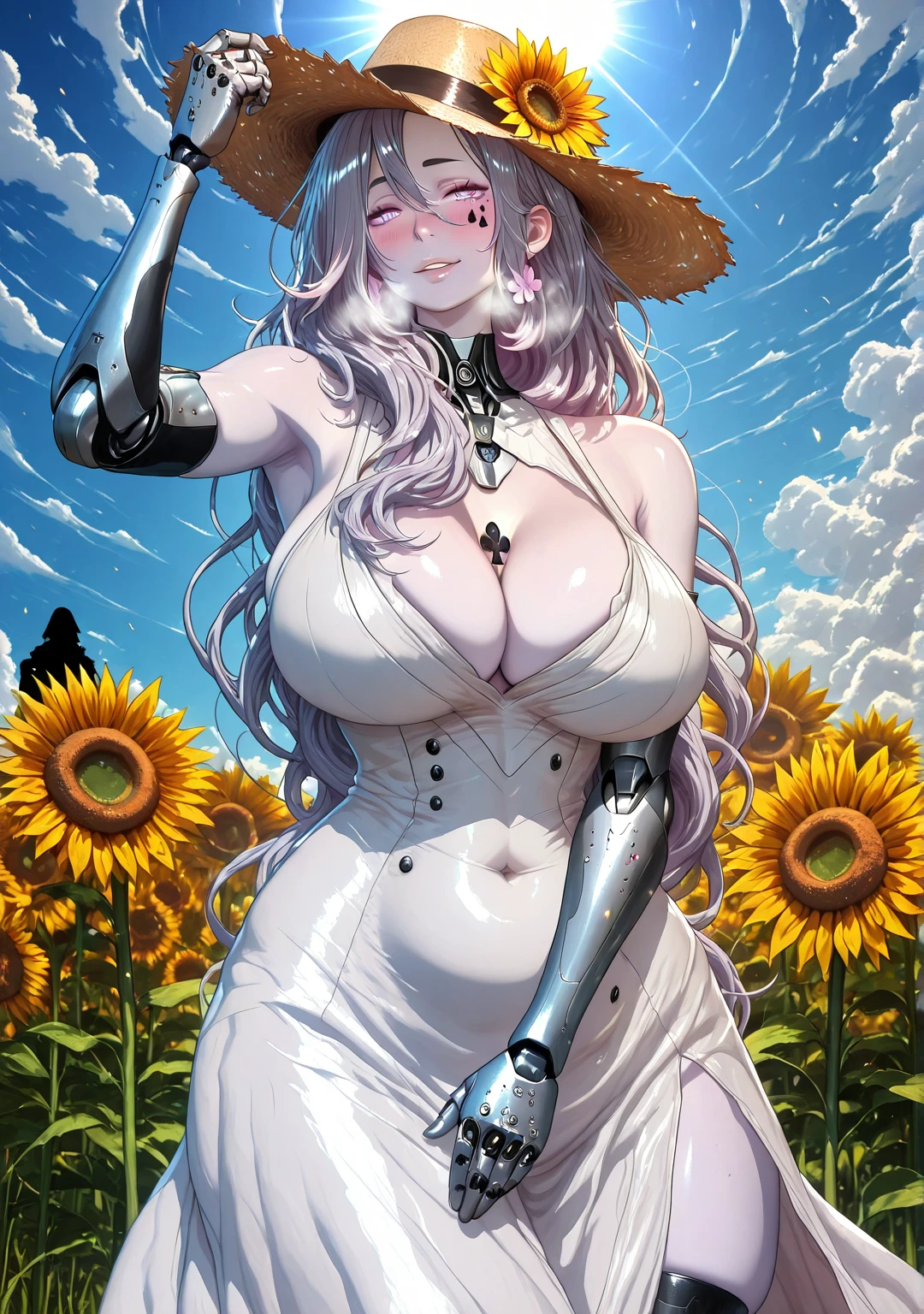 Meteor, Manhwa, L_Cation2, babu-style, Hgk, (j.k.-style:1.2), (neoartcore-style:1.3), (bluecup-style:1.4), (remu_(kirieroido)-style:1.2), (gin_moku-style:1.3), ((anime coloring, anime screencap)), shiny skin, Hand drawn, cinematic, Sharp focus, humorous illustration, big depth of field,(cellulite:1.2) Masterpiece, ((cinematic, backlighting)), concept art, trending on artstation, Vivid colors, Simplified style, trending on ArtStation, trending on CGSociety, Intricate, Vibrant colors, Soft Shading, Simplistic Features, Sharp Angles, Playful, (voluptuous body:1.4), (mature female:1.4), ((anatomical correct)), perfect body, perfect eyes, perfect fingers, gasping, (glowing eyes:0.8), heavy breathing, gasping profusely, ((skindentation)), ((curvy, narrow waist)), illilith, light purple eyes, (pale skin:1.3), multicolored hair, white gloves, grey hair, very long hair, mechanical arms, spade mark under eye, bright pupils, plump, 1girl, breasts, flower, sunflower, dress, hat, solo, white_dress, cleavage, looking_at_viewer, outdoors, sky, sun_hat, blush, smug, day, hair_flower, sundress, blue_sky, hand_on_headwear, bare_shoulders, straw_hat, cloud, parted_lips, hat_flower, between_breasts, sleeveless, flower_field, mature_female, covered navel, ((silhouette)), embers