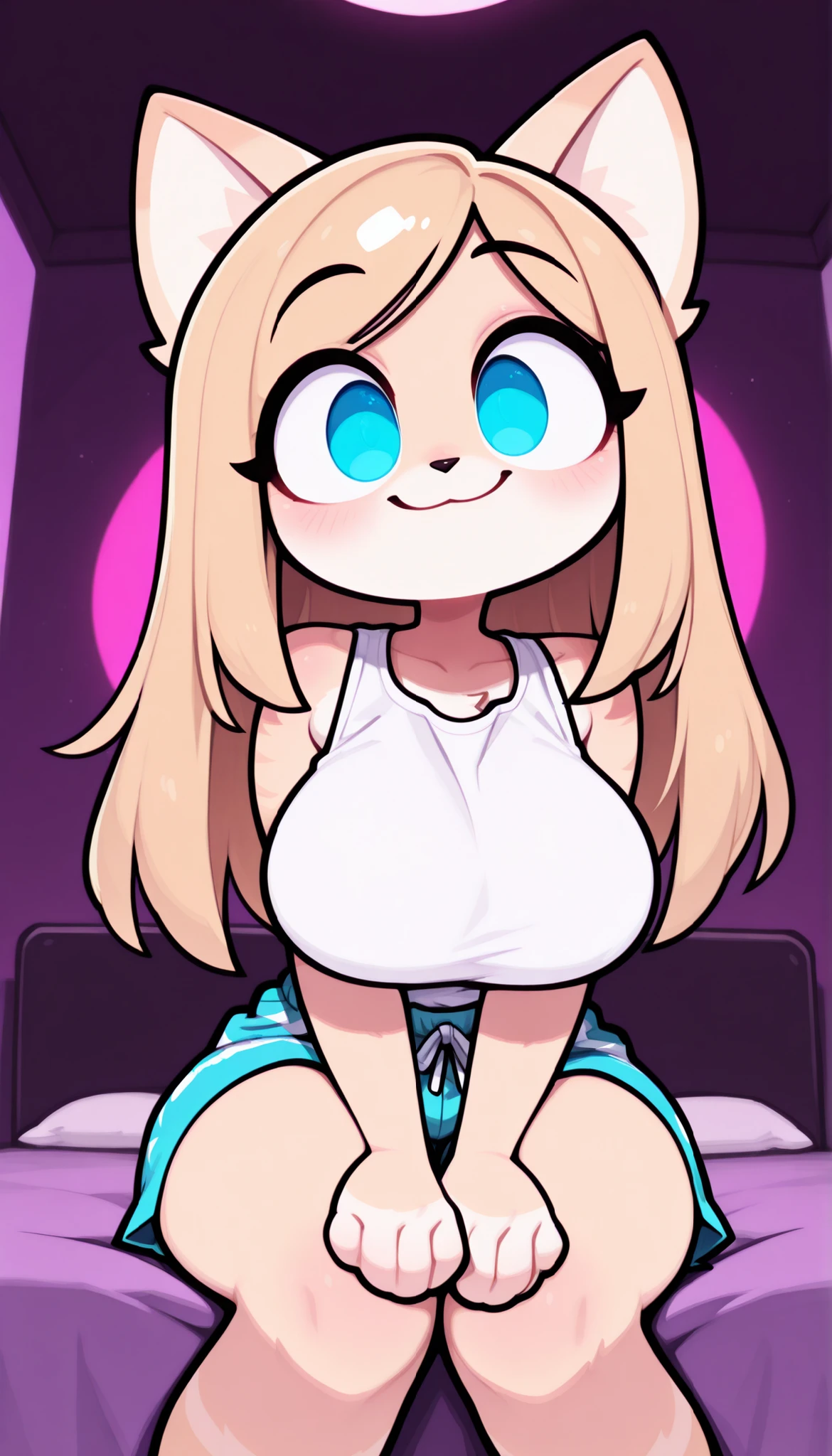 blonde hair,Straight hair,Long hair,blue eyes ,Female cat,furry cat,big  ,Up close ,In the room,(Vivid colors  ,4k,UHD,Good light,Good lighting,Good shadows )  ,1woman,Single woman,lonely woman ,alone woman,Hands on  ,Blonde fur ,Happy,Cheerful,Smiling happily,On your knees,White t-shirt with blue ,Pajama shorts,Sitting on knees ,Purple wall,Sleeveless  