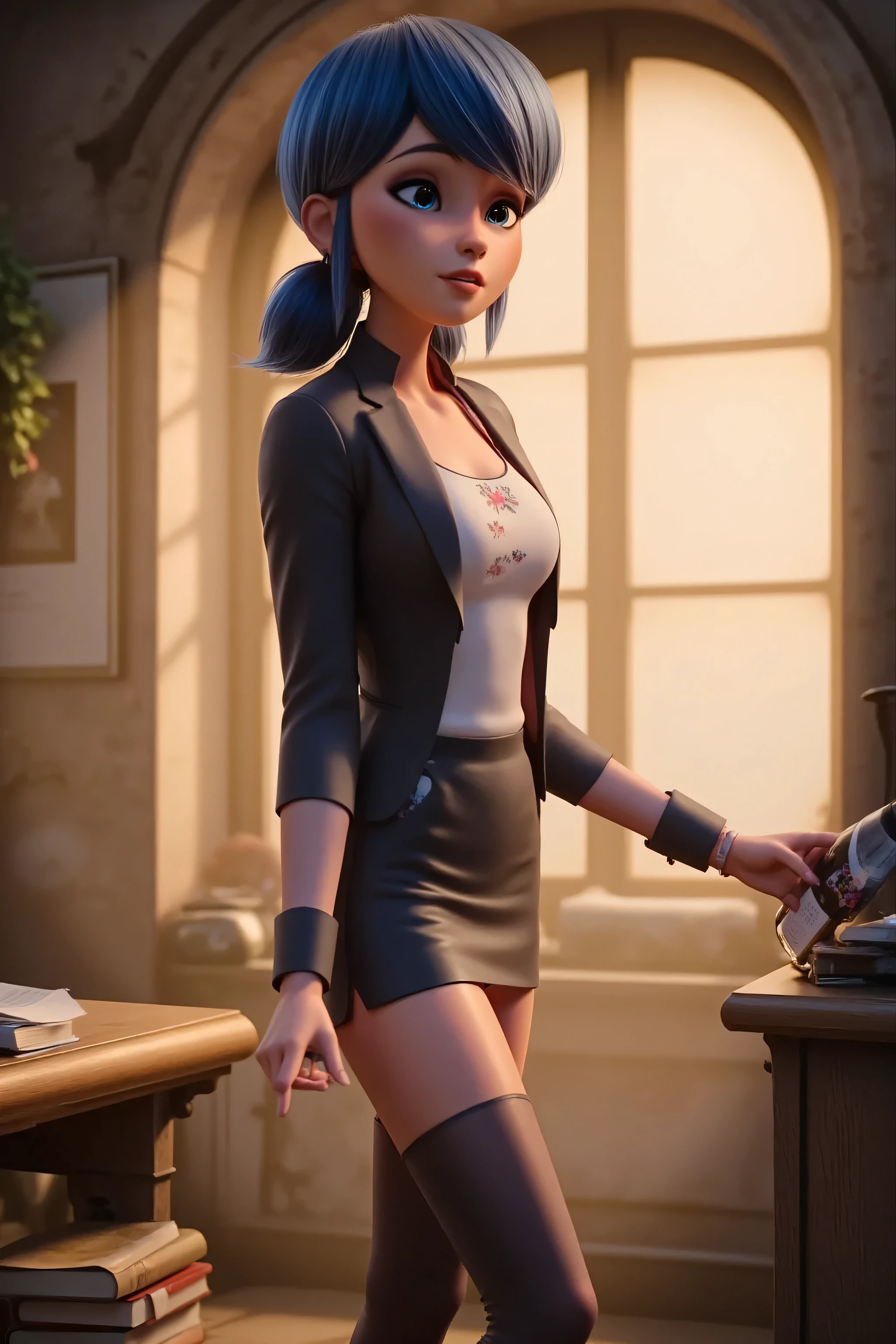 A photo-realistic shoot from the side about a confident woman in a formal office setting, wearing a black blazer and a tight black skirt, standing confidently in the middle of the image. the woman, who appears to be in her mid-twenties, has blonde hair styled in a bun and blue eyes, looking directly at the viewer with a confident expression. she is standing in a well-lit room with a large window in the background, allowing natural light to filter in and create a warm atmosphere. her body is slim, with large breasts, and she is wearing black thigh-high stockings, a white blouse with a plunging neckline, and a black skirt. on her right hand, she is holding a bottle of wine, and her left hand is resting on a wooden table. the room is decorated with a framed picture on the wall and a bookshelf on the left side. the lighting is soft and natural, casting gentle shadows on her body.