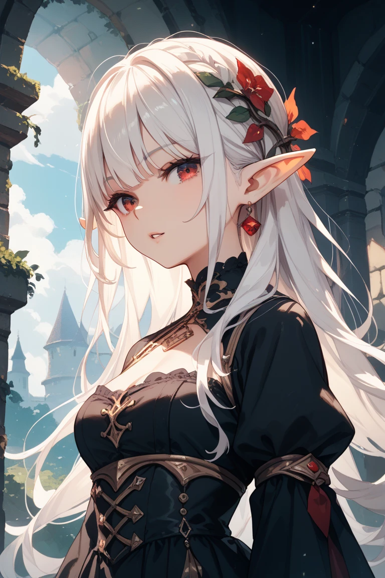 ((​masterpiece:1.2、top-quality)), ((Put your hands on your chest)), ((Shy face)), ((Troubled eyebrows)), ((red blush)), 1 Whole body of a girl, elvish, ((silber hair)), Red Eyes, bob cuts, Braided hair, leotard, doress, Game character-style costumes, sitting on, gender change, concept-art, beautiful anime scene, Beautiful anime scenery, top-quality, ​masterpiece