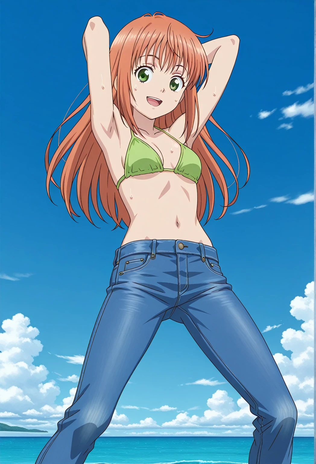score_9, score_8_up, score_7_up, source_anime, highres, hi res, ((best quality, top quality, perfect quality, Highest Quality, amazing quality)), {{masterpiece}}, {{an extremely delicate and beautiful}}, 2d, intricate details, official style, anime, 8k, anime style, official_anime, official art, digital painting, cell shading, soft shading, high resolution, soothing tones, Subdued Color, Soft cinematic light, adobe lightroom, photolab, HDR, intricately and hyper-detailed, ((high quality animation)), 1 girl, Alone, solo, ((ocean)), tsunami, on the water, day, sunny, outdoors, sky, windy, yosugiww, Nohara Hiroshi's Lunch Style, green eyes, orange hair, long hair, long sidelocks, anime coloring, anime screencap, small breasts, green bikini top, best quality, hyper-detailed jeans, ((blue jeans:1.9)), (dark blue jeans:0.6), medium body, medium shot, Open mouth, small smile, sweat, standing, hyper-detailed arms, ((arms behind head:6.0)), ((perfect arm line:3.5)), ((hyper-detailed arms:2.5)), balance arm, raise elbows, bowlegged, natural stand pose, action, looking at viewer, spread legs, Bend knees slightly, from below