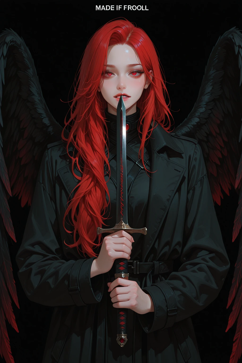 Make an image of an angel holding a flaming sword on one side and a scarlet demon on the other and on the image written scp 001 