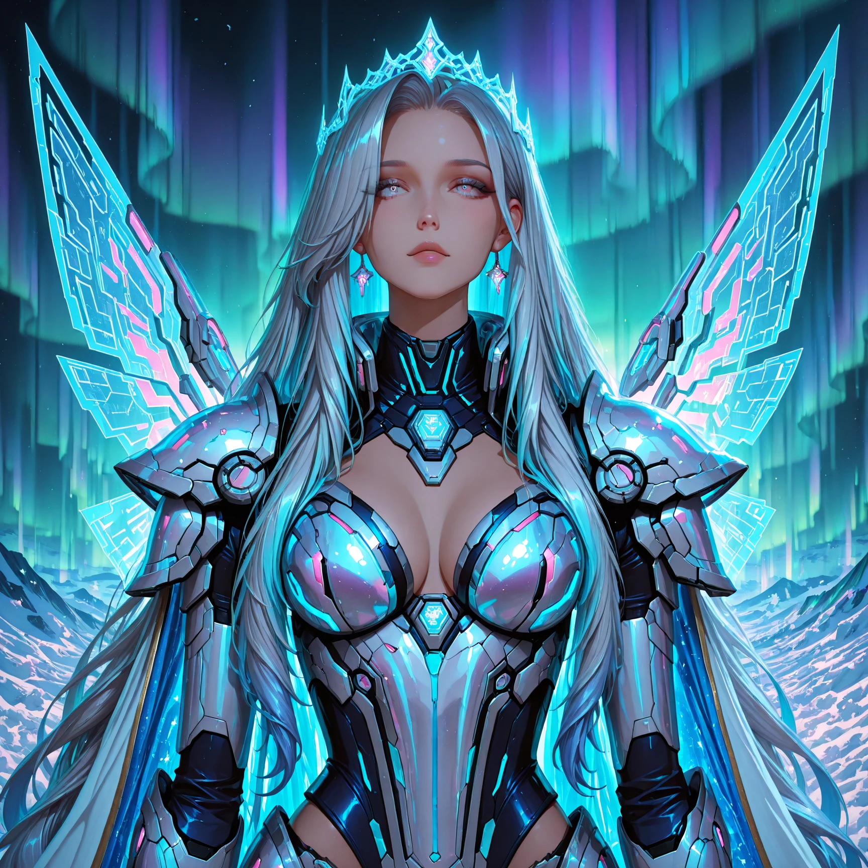 Mechanical mermaid, (((ultra realistic details)), portrait, global lighting, shadows, octane render, 8k, ultra sharp, metal, intricate, detailed ornaments, cool colors, Egyptian detail, highly intricate details, realistic light, trend in cgsociety, bright eyes, front camera, neon details, mechanical limbs with metal scales, blood vessels connected to tubes, mechanical vertebra attaching to the back, mechanical cervial attaching to the neck,  sitting, wires and cables connecting to the head