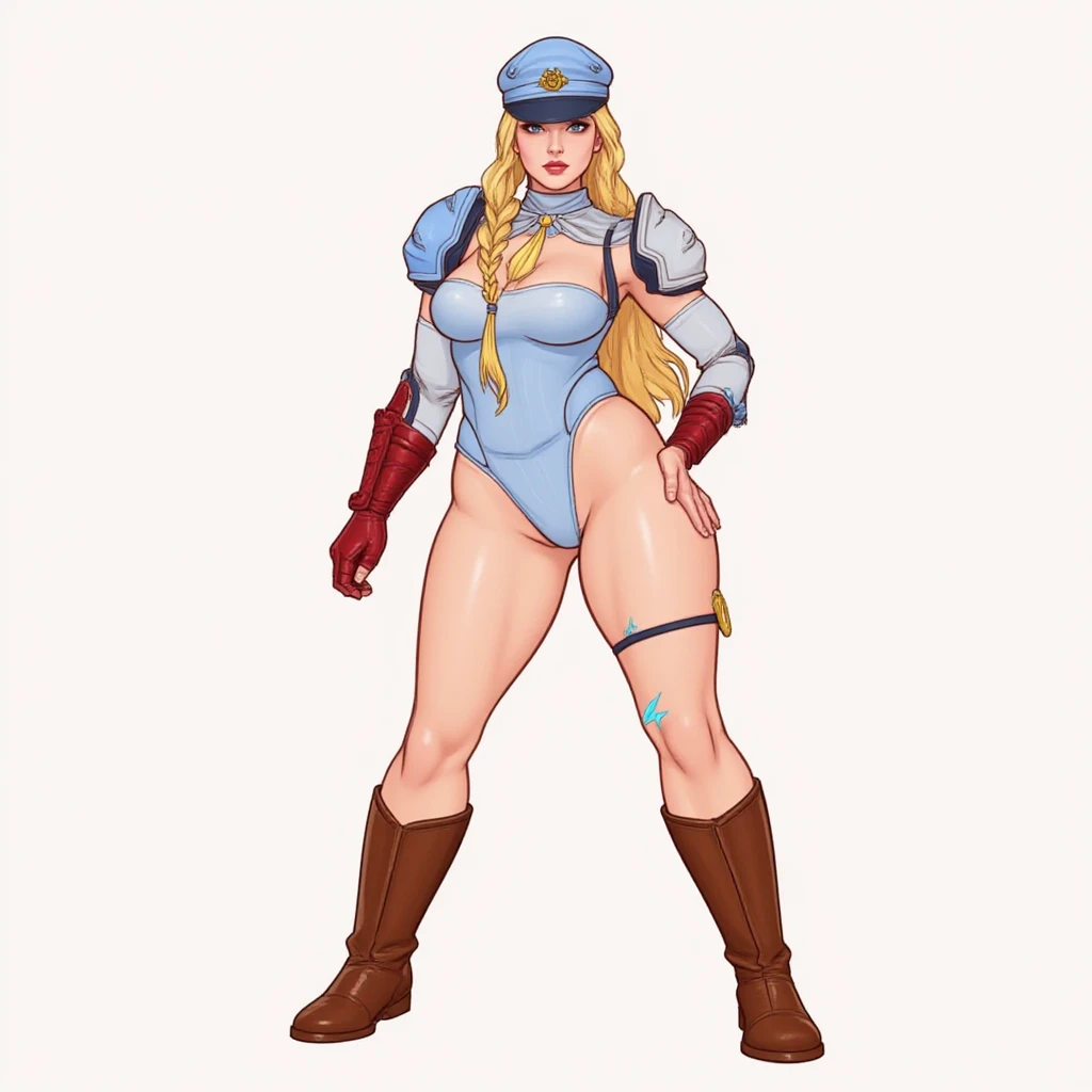 (Masterpiece, 4k, plain background:1.2) Female Cammy White Street Fighter red gloves gauntlets full body standing straight symmetrical feet together looking to the viewer, 2 crossing big belt under belly button, navel, abs, garter straps belts, bra big knockers, view from below, wide ????, thick thighs ?????????? from below depth range, smile red cheeks, long messy hair, leather collar choker, high boots bootstraps, sleeves, stockings) ((hands on ????))