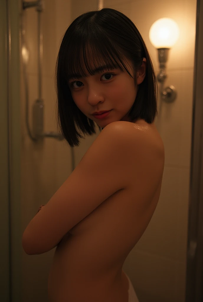 One Girl、((Small Breasts))、((Beautiful ))、((Completely ))、Highest quality、Very delicate and beautiful、((Very short bangs))、((Bangs))、明るいつやのある茶色の髪のHighest quality、Very delicate and beautiful、((Very short bangs))、((blunt bangs))、Light shiny brown hair、The hair is light、((Short Bob))、Cute face、Young face、Cute like an idol、Are thin、Slim figure、Diminutive Height、Short、 body type、Embarrassed face、((The background is a very spacious bathroom))、Taking a shower、Shot from above、Surprised face、Open Mouth、Surprised face、Pink 、Pink 、