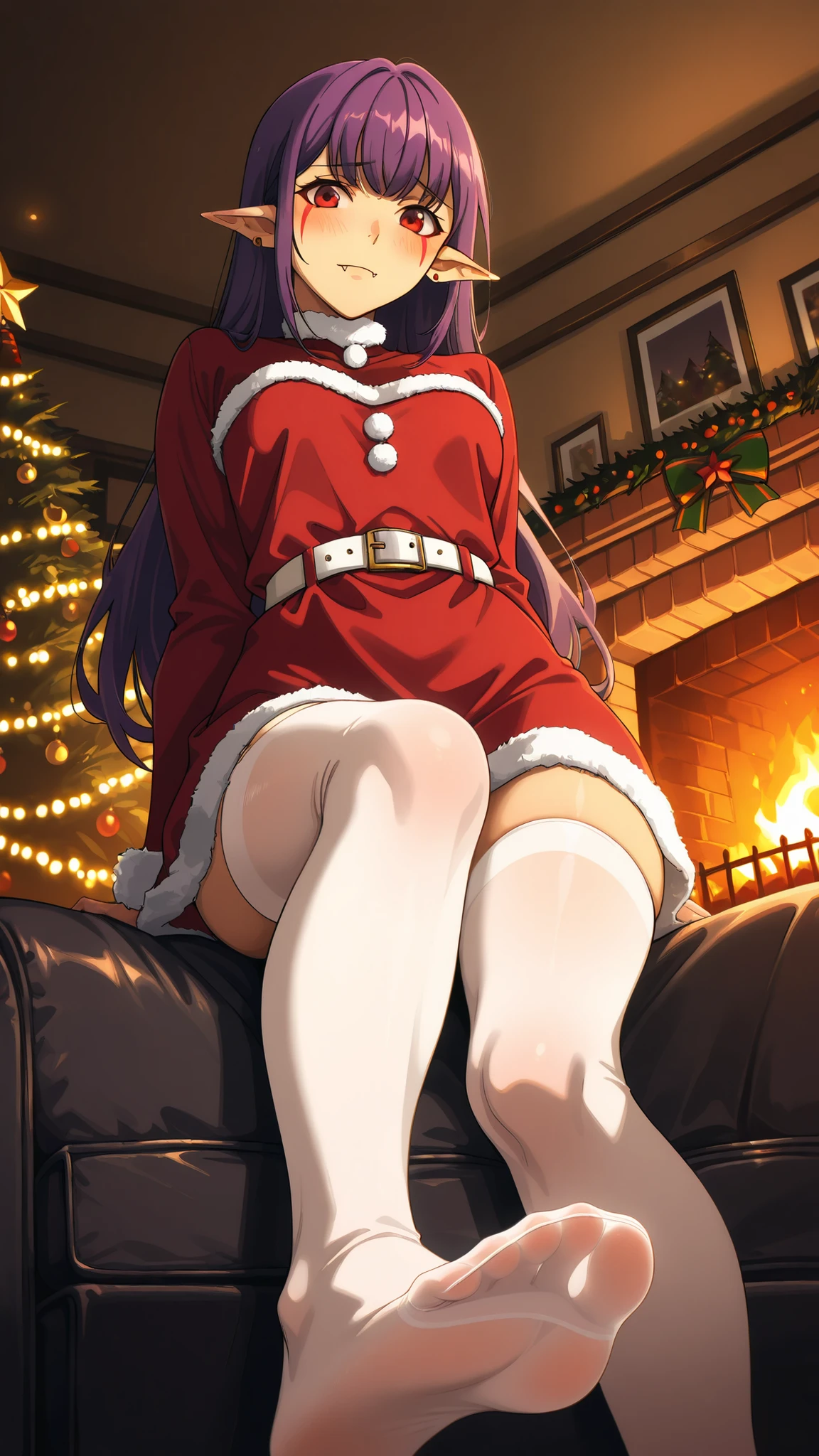 BREAK (masterpiece:1.2),highly detailed realistic anime background, warm living room with Christmas tree,cinematic perspective, deep contrast and vibrant highlights, AMOLED lighting style, SDXL realism, ultra high quality, no people,
soft lights,  
presents under tree,  
fireplace glowing,  
holiday decorations,  
cozy intimate festive vibe, Esil Radiru, pointed ears, earrings, purple hair, red eyes, fangs, facial mark, fangs out,female anime outfit,  
female anime outfit,  
short red dress with white fur hem,  
thigh-high winter stockings, white stockings, 
white ribbon belt,  
fuzzy wrist cuffs,  
soft warm reflections from fireplace,warm holiday glow highlighting soft textures,
,looking at viewer,cowboy shot,blush,shy face,seductive pose,leaning back on sofa,shot from the bottom,from below,feet,sole,focus on feet,showing feet,smooth skin, gentle curves,