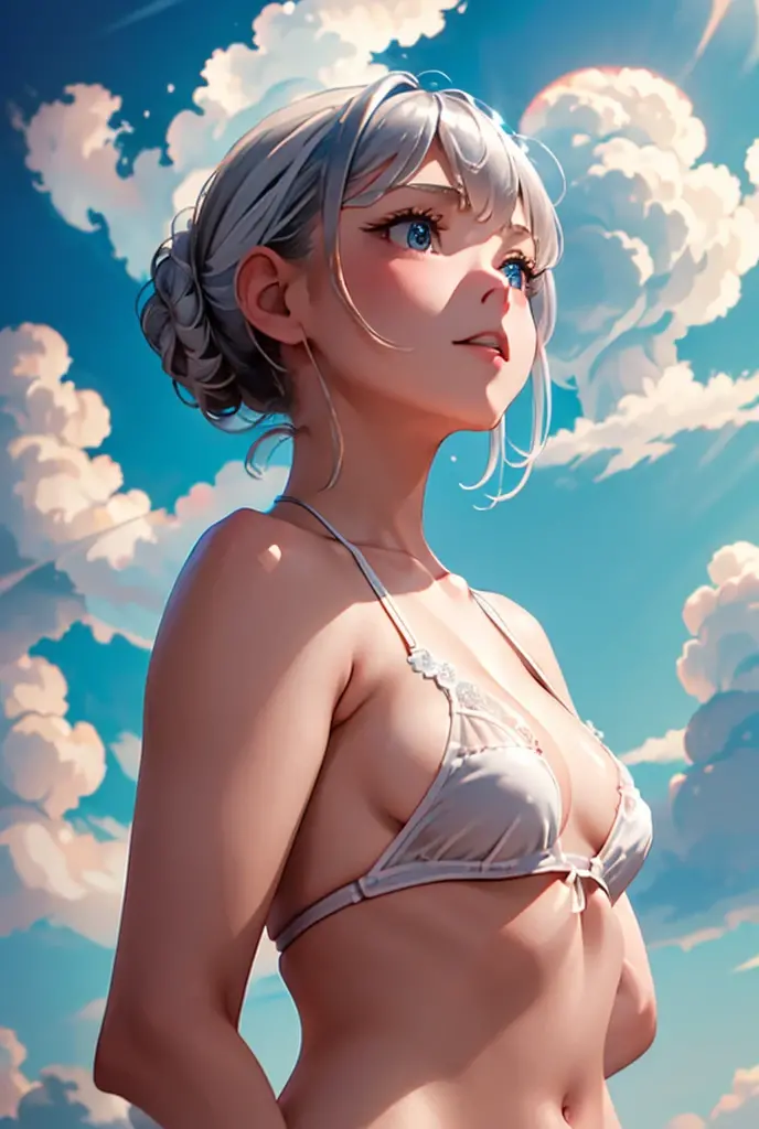 ((((masterpiece, best quality, high resolution)))), Extremely detailed 8K, Beautiful girl with voluptuous body, (Ultra HD, Ultra-detailed, Highly detailed, Highly realistic, Ultra-realistic, photograph realistic), (1girl:1.5), (Realistic white hair), (short silky hair, hair ornaments, earrings), (dynamic poses), facing at camera, looking at viewer, (blushing red, embarrassed, exhausted, smirk), (bright red eyes, sharp eyes), (small perky ???????:1.2), (wide ????:1.2), (beautiful detailed face, beautiful detailed eyes), ((????)), (detail ?????), (standing up:1.3), sweat, glow, (sunbeam, sunlight), ((cowboy shot)), beach, seductive, glistening sweat