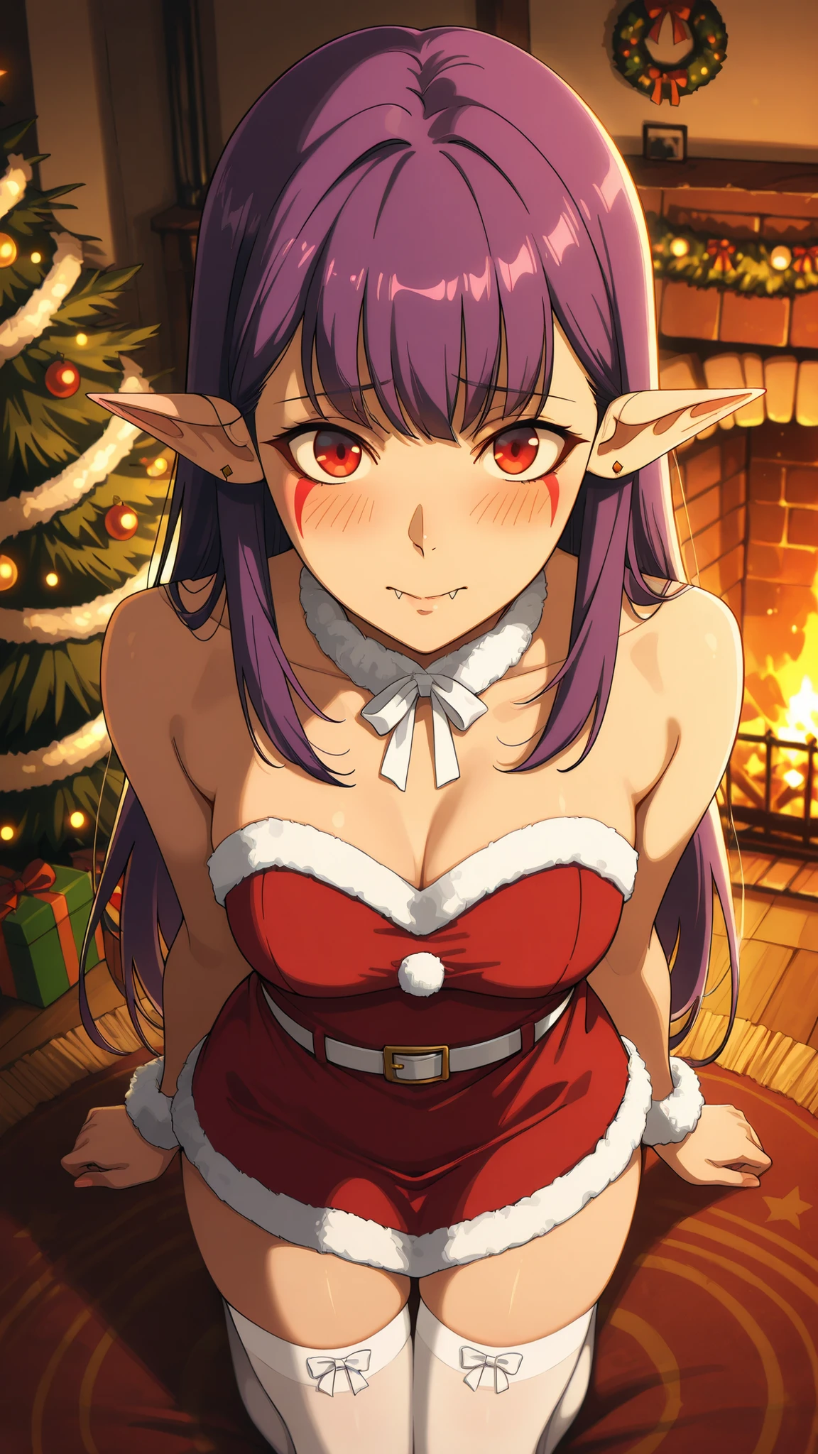 BREAK (masterpiece:1.2),highly detailed realistic anime background, warm living room with Christmas tree,cinematic perspective, deep contrast and vibrant highlights, AMOLED lighting style, SDXL realism, ultra high quality, no people,
soft lights,
presents under tree,
fireplace glowing,
holiday decorations,
cozy intimate festive vibe, Esil Radiru, pointed ears, earrings, purple hair, red eyes, fangs, facial mark, fangs out,female anime outfit,
female anime outfit,
short red dress with white fur hem,
thigh-high winter stockings, white stockings,
white ribbon belt,
fuzzy wrist cuffs,
soft warm reflections from fireplace,warm holiday glow highlighting soft textures,
,looking at viewer,cowboy shot,blush,shy face,seductive pose,kneeling in a moment of reflection, warm backlight, delicate shadows, smooth skin, gentle curves,from above,