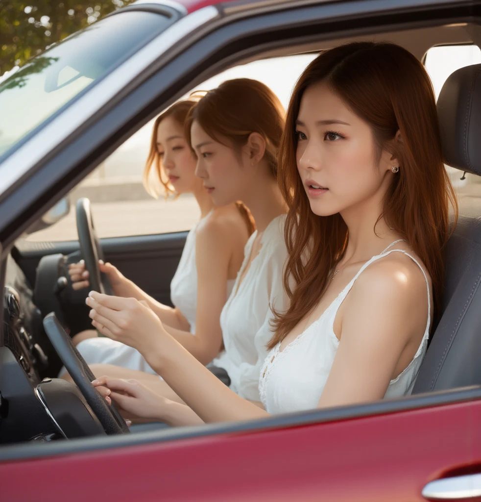 Indonesian girl 19-year-old Hairstyle Casual, F Cup Breasts wearing crewneck dress in car amd driving the car with her friend, they are scared because there are thugs who want to do carjacking and they in car increasingly scared