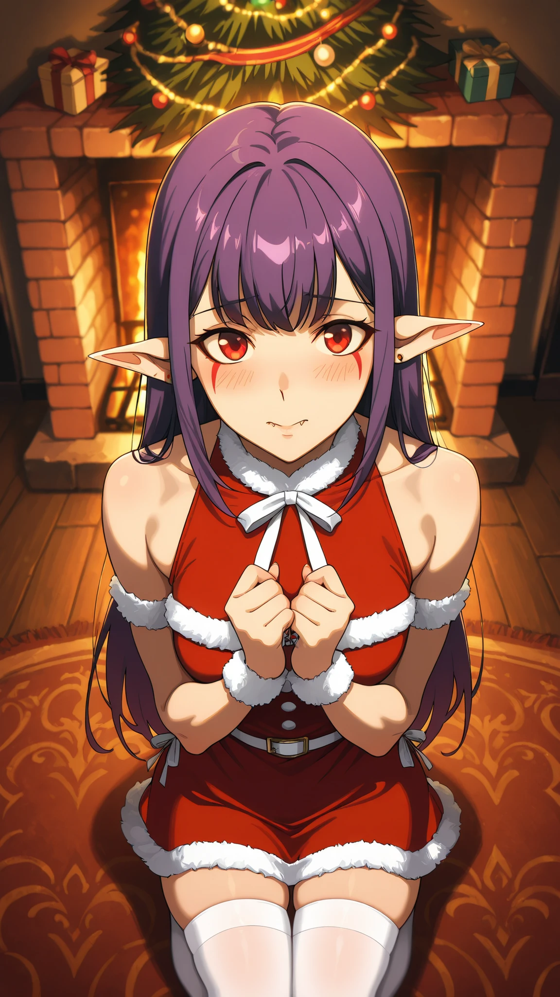 BREAK (masterpiece:1.2),highly detailed realistic anime background, warm living room with Christmas tree,cinematic perspective, deep contrast and vibrant highlights, AMOLED lighting style, SDXL realism, ultra high quality, no people,
soft lights,  
presents under tree,  
fireplace glowing,  
holiday decorations,  
cozy intimate festive vibe, Esil Radiru, pointed ears, earrings, purple hair, red eyes, fangs, facial mark, fangs out,female anime outfit,  
female anime outfit,  
short red dress with white fur hem,  
thigh-high winter stockings, white stockings, 
white ribbon belt,  
fuzzy wrist cuffs,  
soft warm reflections from fireplace,warm holiday glow highlighting soft textures,
,looking at viewer,cowboy shot,blush,shy face,seductive pose,kneeling in a moment of reflection, warm backlight, delicate shadows, smooth skin, gentle curves,from above,