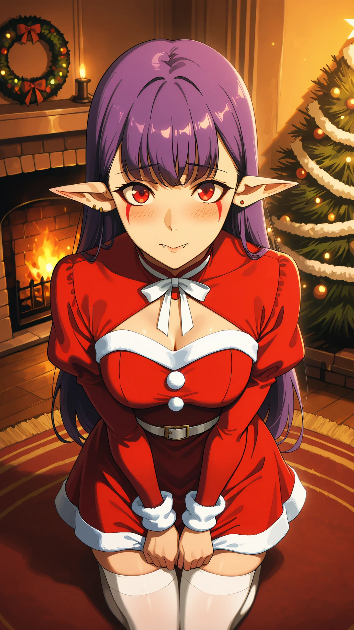 BREAK (masterpiece:1.2),highly detailed realistic anime background, warm living room with Christmas tree,cinematic perspective, deep contrast and vibrant highlights, AMOLED lighting style, SDXL realism, ultra high quality, no people,
soft lights,  
presents under tree,  
fireplace glowing,  
holiday decorations,  
cozy intimate festive vibe, Esil Radiru, pointed ears, earrings, purple hair, red eyes, fangs, facial mark, fangs out,female anime outfit,  
female anime outfit,  
short red dress with white fur hem,  
thigh-high winter stockings, white stockings, 
white ribbon belt,  
fuzzy wrist cuffs,  
soft warm reflections from fireplace,warm holiday glow highlighting soft textures,
,looking at viewer,cowboy shot,blush,shy face,seductive pose,kneeling in a moment of reflection, warm backlight, delicate shadows, smooth skin, gentle curves,from above,