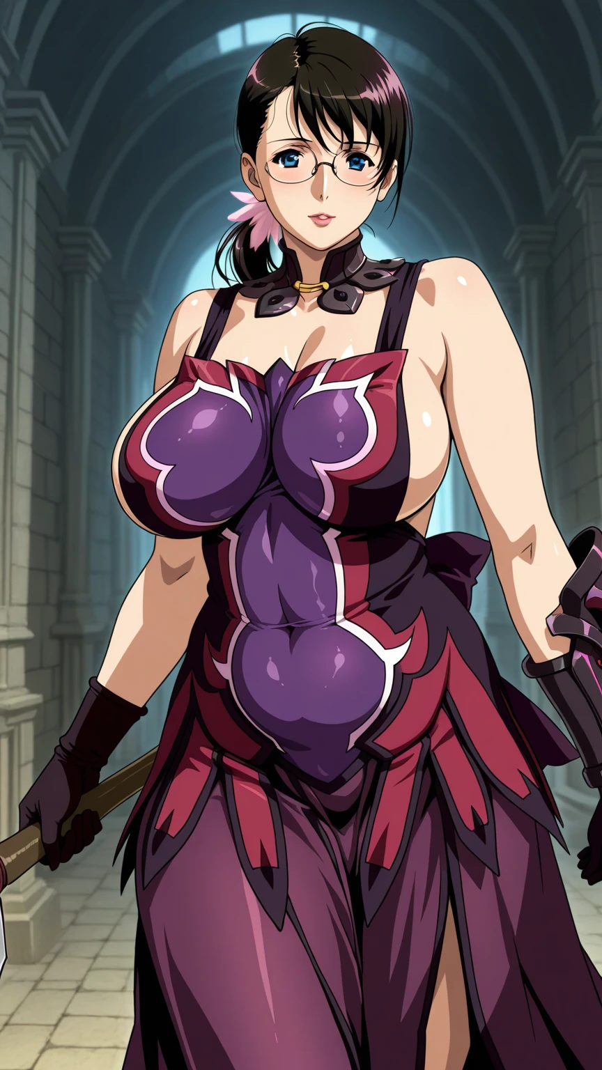 ????:1.5,One One Girl, alone, Long Hair, Black Hair, Low Ponytail, blue eyes, Swept-apart bangs, Glasses, ????????????, Detachable collar, leotard, Single gauntlet, One-handed gloves, superiorper body, A kind smile, Reaching out towards the viewer, The hug is coming, Outdoor, Cowboy Shot, castle  score_9, score_8_superior, score_7_superior, score_6_superior, score_5_superior, score_4_superior, Break Source_anime, masterpiece