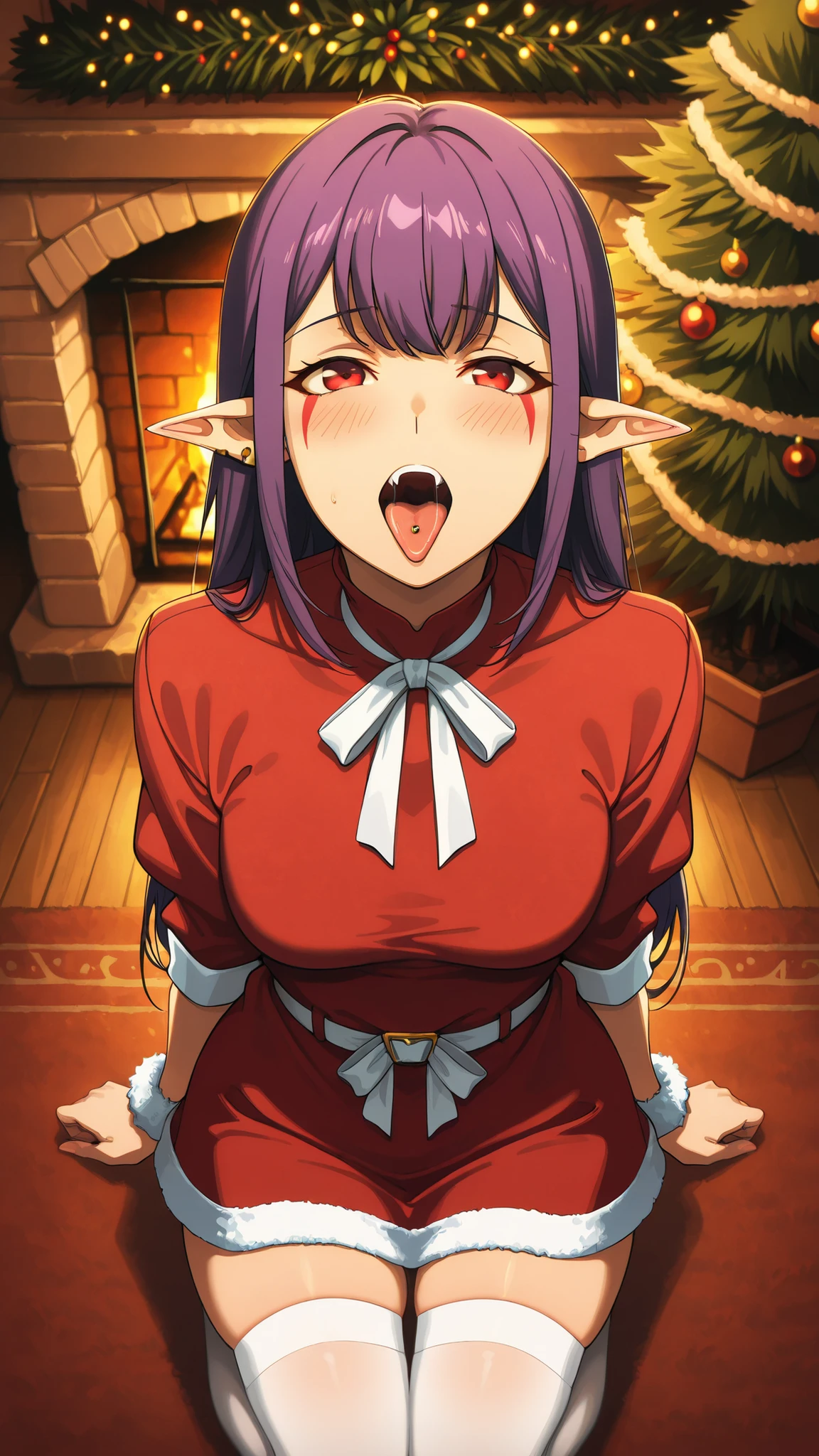 BREAK (masterpiece:1.2),highly detailed realistic anime background, warm living room with Christmas tree,cinematic perspective, deep contrast and vibrant highlights, AMOLED lighting style, SDXL realism, ultra high quality, no people,
soft lights,  
presents under tree,  
fireplace glowing,  
holiday decorations,  
cozy intimate festive vibe, Esil Radiru, pointed ears, earrings, purple hair, red eyes, fangs, facial mark, fangs out,female anime outfit,  
female anime outfit,  
short red dress with white fur hem,  
thigh-high winter stockings, white stockings, 
white ribbon belt,  
fuzzy wrist cuffs,  
soft warm reflections from fireplace,warm holiday glow highlighting soft textures,
,looking at viewer,cowboy shot,blush,shy face,seductive pose,kneeling in a moment of reflection, warm backlight, delicate shadows, smooth skin, gentle curves,from above,open mouth,showing tongue,tongue piercing,ahegao,saliva