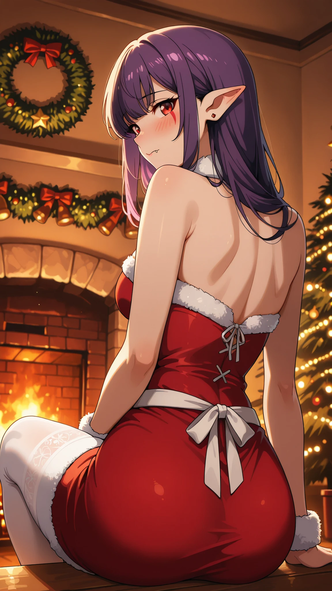 BREAK (masterpiece:1.2),highly detailed realistic anime background, warm living room with Christmas tree,cinematic perspective, deep contrast and vibrant highlights, AMOLED lighting style, SDXL realism, ultra high quality, no people,
soft lights,  
presents under tree,  
fireplace glowing,  
holiday decorations,  
cozy intimate festive vibe, Esil Radiru, pointed ears, earrings, purple hair, red eyes, fangs, facial mark, fangs out,female anime outfit,  
female anime outfit,  
short red dress with white fur hem,  
thigh-high winter stockings, white stockings, 
white ribbon belt,  
fuzzy wrist cuffs,  
soft warm reflections from fireplace,warm holiday glow highlighting soft textures,
,looking at viewer,cowboy shot,blush,shy face,seductive pose,sitting in a squatting pose, sensual curves emphasized,  alluring gaze, detailed body, soft warm lighting, intimate atmosphere, near fireplace,from behind,back shot,from below