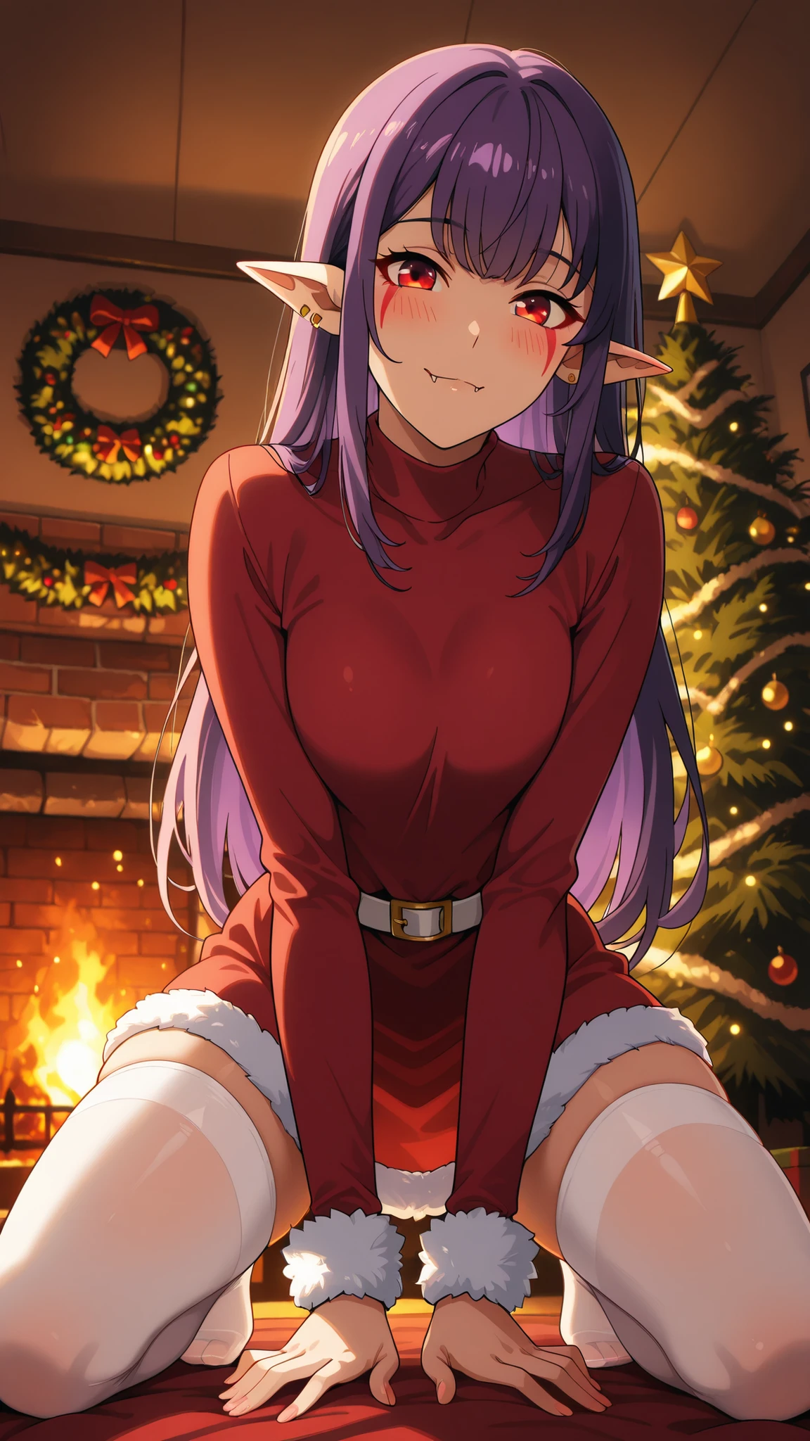 BREAK (masterpiece:1.2),highly detailed realistic anime background, warm living room with Christmas tree,cinematic perspective, deep contrast and vibrant highlights, AMOLED lighting style, SDXL realism, ultra high quality, no people,
soft lights,  
presents under tree,  
fireplace glowing,  
holiday decorations,  
cozy intimate festive vibe, Esil Radiru, pointed ears, earrings, purple hair, red eyes, fangs, facial mark, fangs out,female anime outfit,  
female anime outfit,  
short red dress with white fur hem,  
thigh-high winter stockings, white stockings, 
white ribbon belt,  
fuzzy wrist cuffs,  
soft warm reflections from fireplace,warm holiday glow highlighting soft textures,
,looking at viewer,cowboy shot,blush,happy face,seductive pose,kneeling on all fours, arched back, detailed body posture, soft lighting, focus on curves, suggestive pose, intimate atmosphere, bedroom setting, high detail, 4k,from below,smile,sparks in eyes,