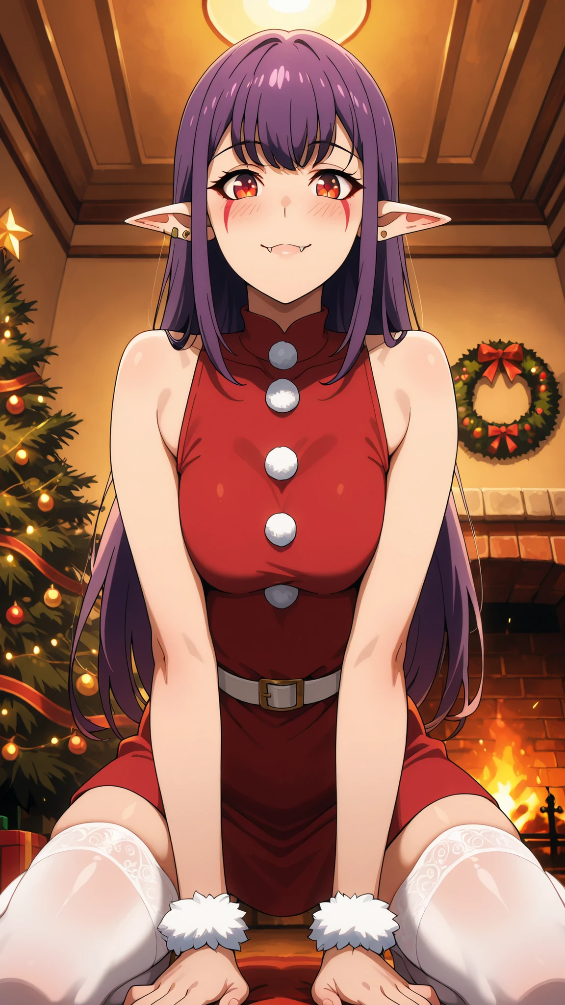 BREAK (masterpiece:1.2),highly detailed realistic anime background, warm living room with Christmas tree,cinematic perspective, deep contrast and vibrant highlights, AMOLED lighting style, SDXL realism, ultra high quality, no people,
soft lights,
presents under tree,
fireplace glowing,
holiday decorations,
cozy intimate festive vibe, Esil Radiru, pointed ears, earrings, purple hair, red eyes, fangs, facial mark, fangs out,female anime outfit,
female anime outfit,
short red dress with white fur hem,
thigh-high winter stockings, white stockings,
white ribbon belt,
fuzzy wrist cuffs,
soft warm reflections from fireplace,warm holiday glow highlighting soft textures,
,looking at viewer,cowboy shot,blush,happy face,seductive pose,kneeling on all fours, arched back, detailed body posture, soft lighting, focus on curves, suggestive pose, intimate atmosphere, bedroom setting, high detail, 4k,from below,smile,sparks in eyes,