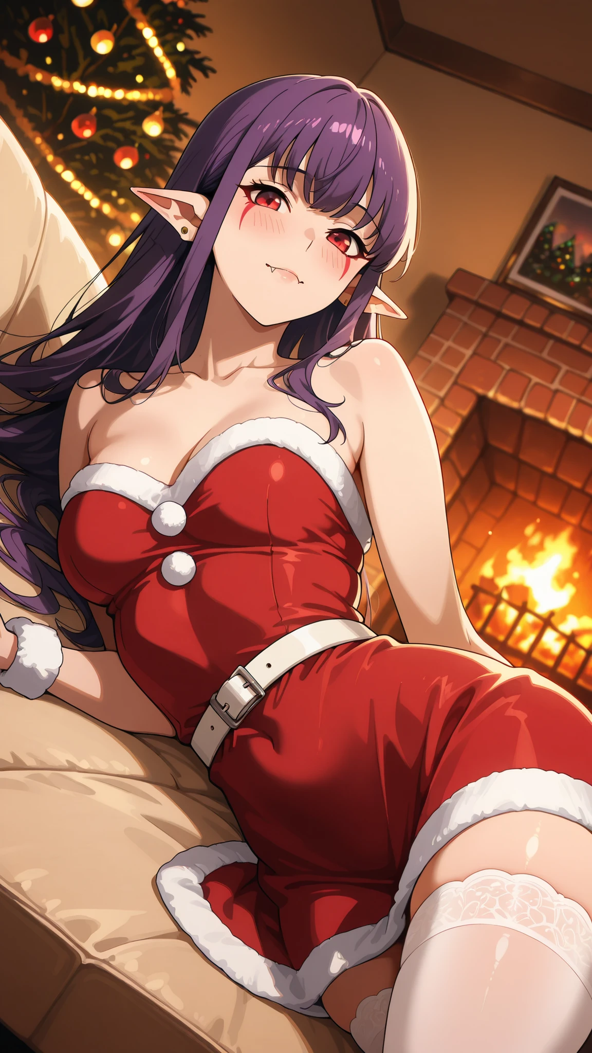 BREAK (masterpiece:1.2),highly detailed realistic anime background, warm living room with Christmas tree,cinematic perspective, deep contrast and vibrant highlights, AMOLED lighting style, SDXL realism, ultra high quality, no people,
soft lights,  
presents under tree,  
fireplace glowing,  
holiday decorations,  
cozy intimate festive vibe, Esil Radiru, pointed ears, earrings, purple hair, red eyes, fangs, facial mark, fangs out,female anime outfit,  
female anime outfit,  
short red dress with white fur hem,  
thigh-high winter stockings, white stockings, 
white ribbon belt,  
fuzzy wrist cuffs,  
soft warm reflections from fireplace,warm holiday glow highlighting soft textures,
,looking at viewer,cowboy shot,blush,shy face,seductive pose,lying on her stomach,lying on sofa, hips slightly raised, arched back, seductive look over shoulder, smooth skin, detailed body curves, soft warm light, intimate atmosphere, ultra detailed, 4k,side shot,