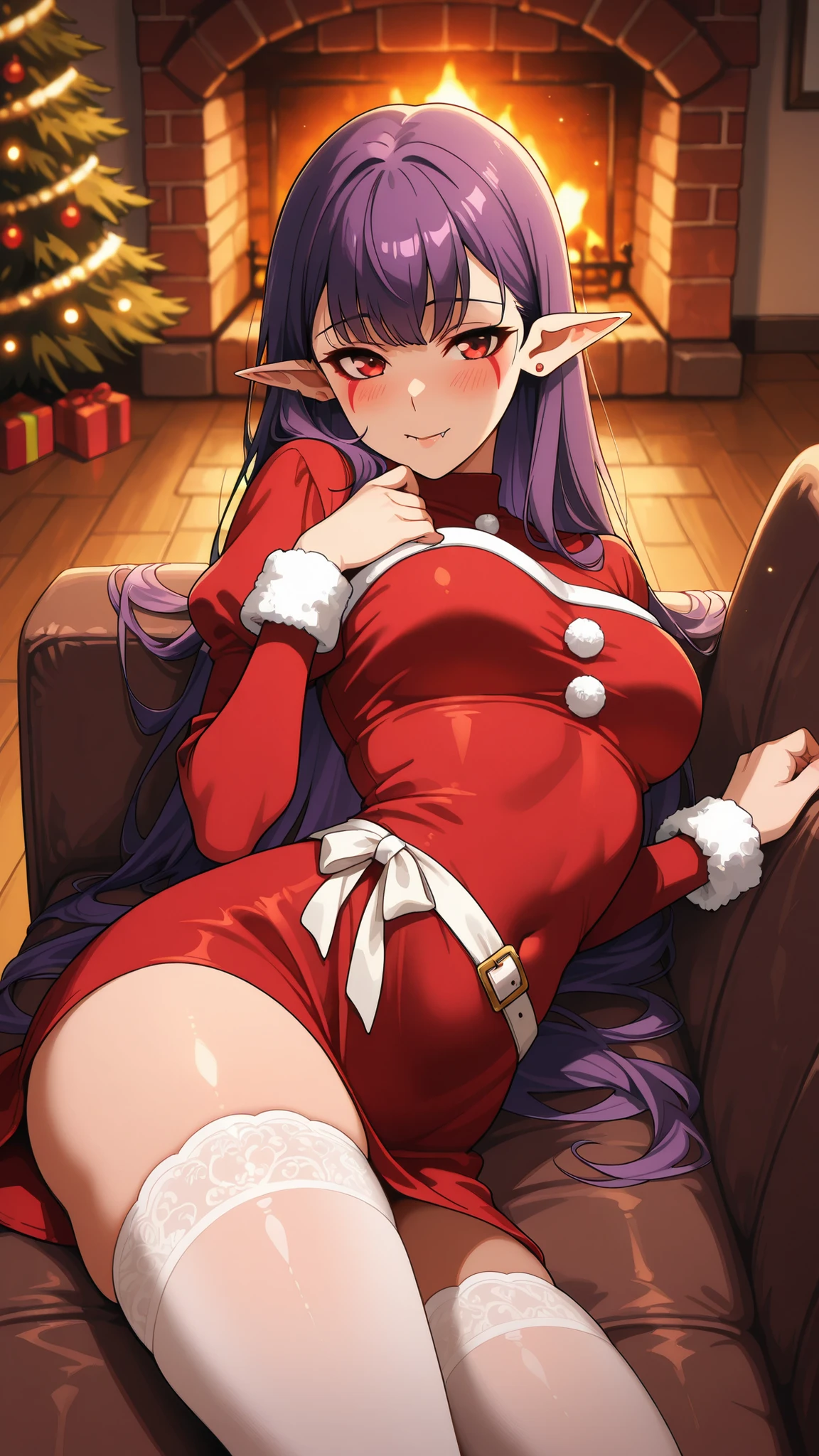 BREAK (masterpiece:1.2),highly detailed realistic anime background, warm living room with Christmas tree,cinematic perspective, deep contrast and vibrant highlights, AMOLED lighting style, SDXL realism, ultra high quality, no people,
soft lights,  
presents under tree,  
fireplace glowing,  
holiday decorations,  
cozy intimate festive vibe, Esil Radiru, pointed ears, earrings, purple hair, red eyes, fangs, facial mark, fangs out,female anime outfit,  
female anime outfit,  
short red dress with white fur hem,  
thigh-high winter stockings, white stockings, 
white ribbon belt,  
fuzzy wrist cuffs,  
soft warm reflections from fireplace,warm holiday glow highlighting soft textures,
,looking at viewer,cowboy shot,blush,shy face,seductive pose,lying on her stomach,lying on sofa, hips slightly raised, arched back, seductive look over shoulder, smooth skin, detailed body curves, soft warm light, intimate atmosphere, ultra detailed, 4k,side shot,