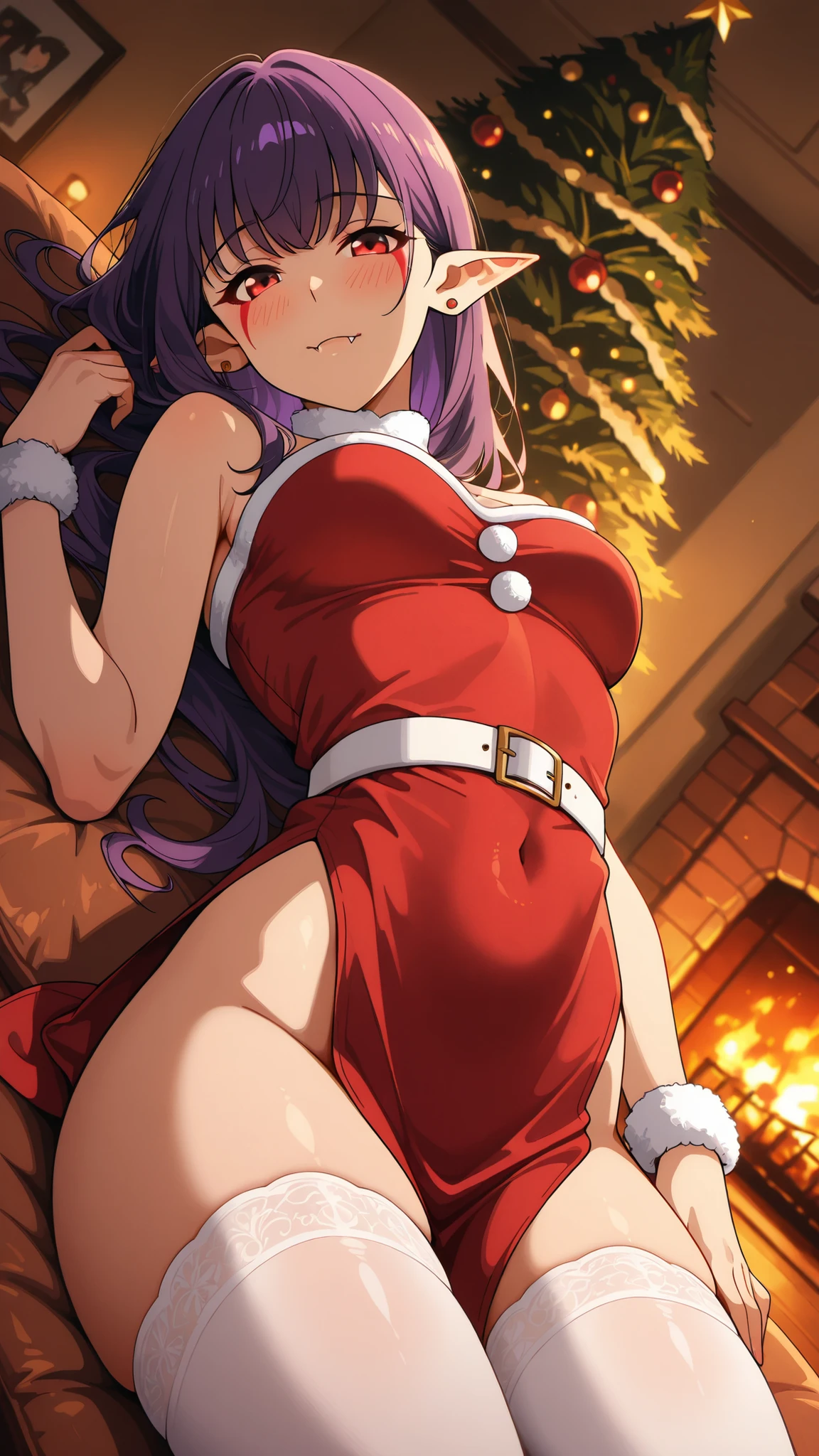 BREAK (masterpiece:1.2),highly detailed realistic anime background, warm living room with Christmas tree,cinematic perspective, deep contrast and vibrant highlights, AMOLED lighting style, SDXL realism, ultra high quality, no people,
soft lights,  
presents under tree,  
fireplace glowing,  
holiday decorations,  
cozy intimate festive vibe, Esil Radiru, pointed ears, earrings, purple hair, red eyes, fangs, facial mark, fangs out,female anime outfit,  
female anime outfit,  
short red dress with white fur hem,  
thigh-high winter stockings, white stockings, 
white ribbon belt,  
fuzzy wrist cuffs,  
soft warm reflections from fireplace,warm holiday glow highlighting soft textures,
,looking at viewer,cowboy shot,blush,shy face,seductive pose,lying on her stomach,lying on sofa, hips slightly raised, arched back, seductive look over shoulder, smooth skin, detailed body curves, soft warm light, intimate atmosphere, ultra detailed, 4k,side shot,