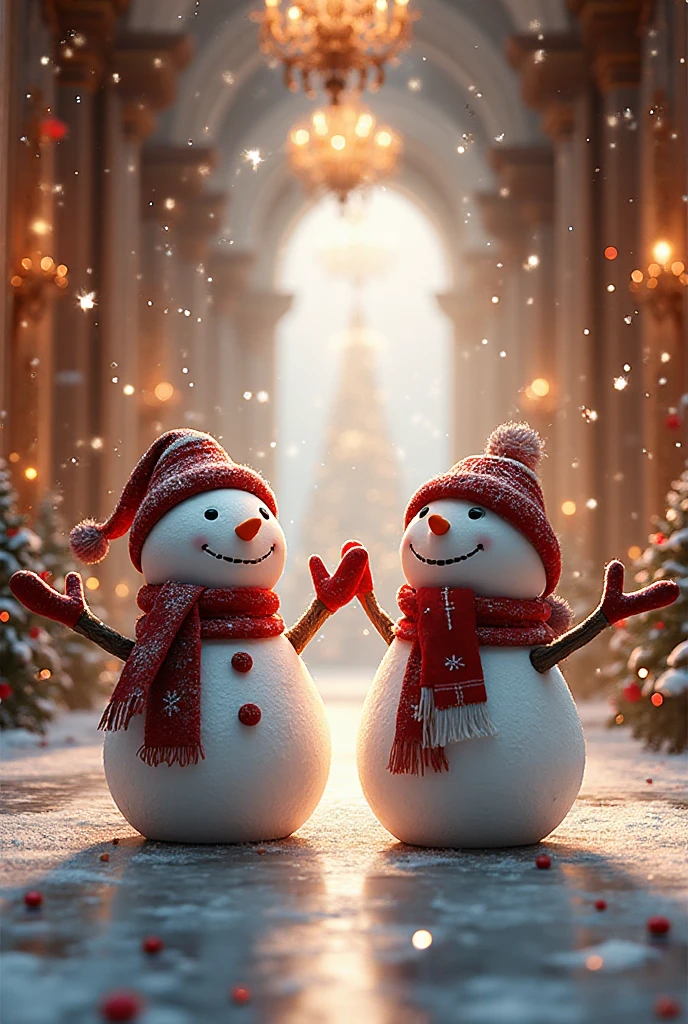 Couple of snowmen celebrating Christmas together in a beautiful venue ...