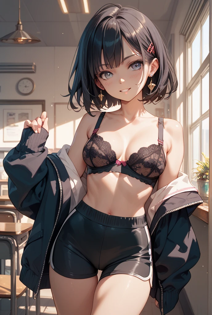 (pink short skirt), black hair, short hair, twin ponytail hair, glasses, nerd, collar, blue eyes, little clothing, exposed skin, bra, navel, ((cute innocent face, open mouth, allure)), [[playful]]], [[[bedroom]]], front-view, [[Leaning forwards]], head down,  up, arched back,  position, cleavage, , arousing, realistic, ((perfect symmetrical body)), (slim hip), soft light, dawn light)), bloom, 1girl, super model body, very slim body, thin, super model body, ultra-detailed CG, 8k, high detailed, realistic, solo, intricate details),