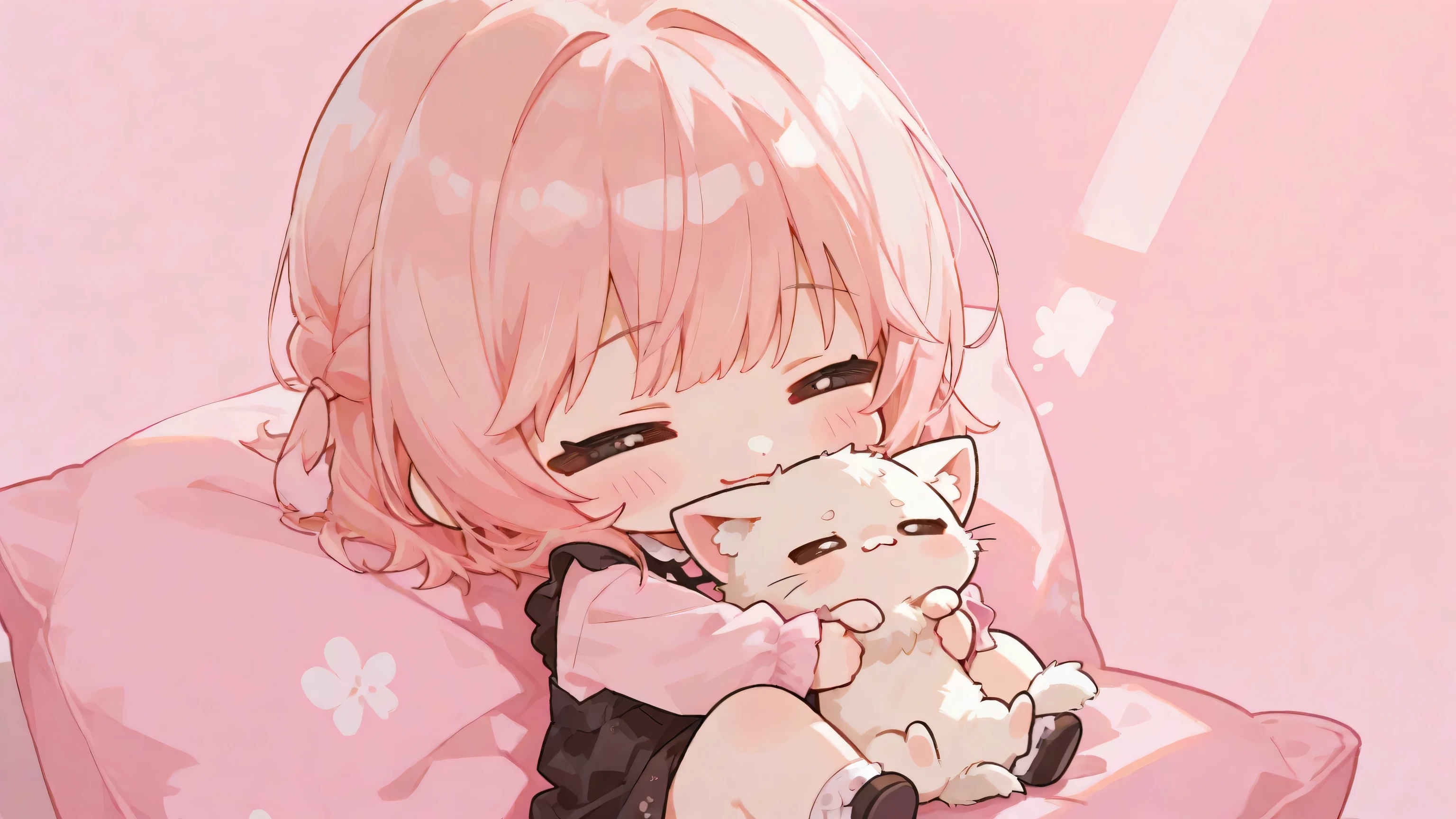 Chibi,(chibi:1.4),A cute young girl sitting and gently hugging a small kitten, soft pink background, warm lighting, adorable expression, cozy atmosphere, anime-style, high detail, soft shading, pastel tones.