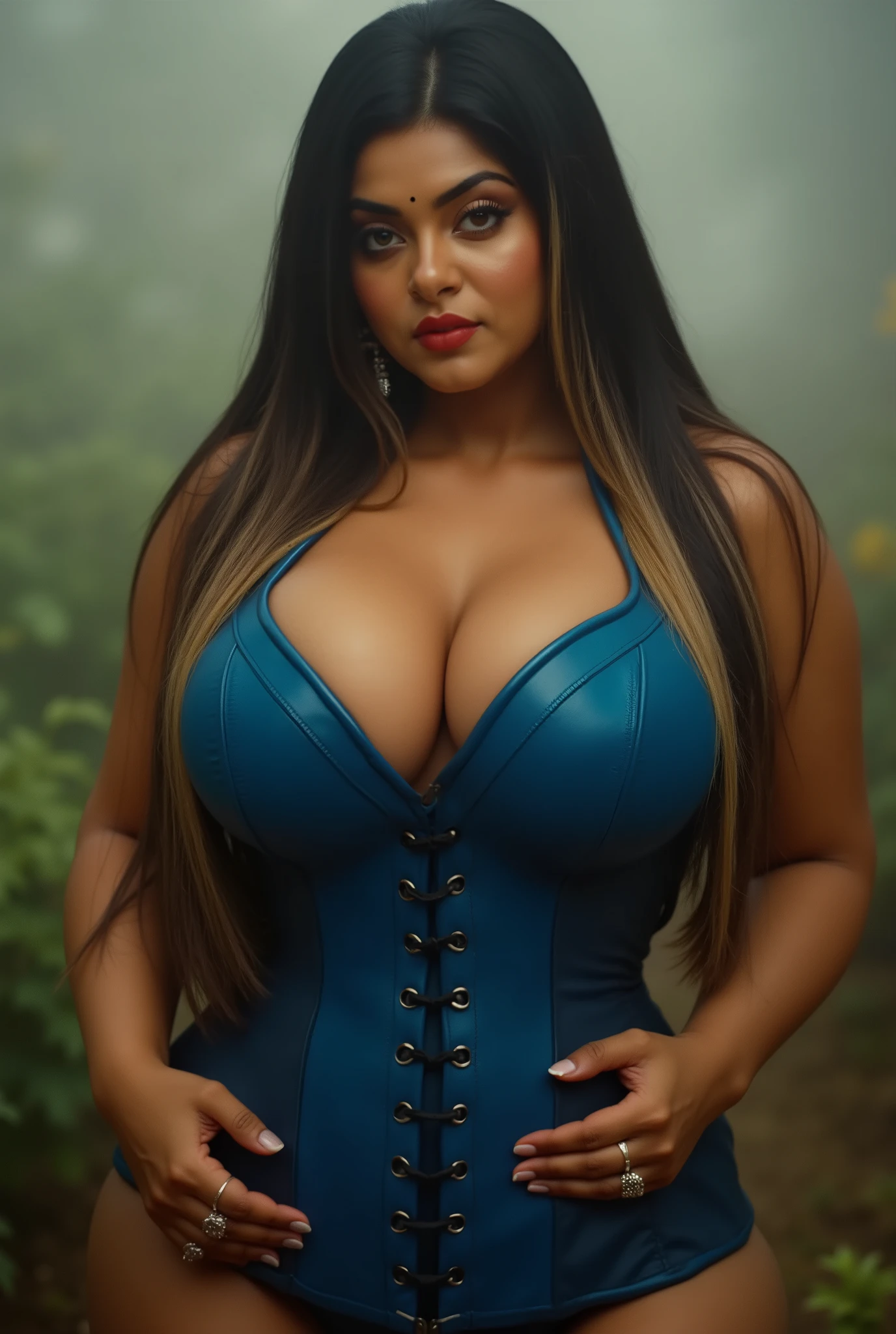 masterpiece:1.5, photo shot focused on legs, gorgeous African 1supermodel, perfect face, big beautiful green eyes, (((Water Gloss lips))), Chanel makeup, (shiny dark skin), dark skinned, (narrow waist:1.4), (((Huge SAGGING Natural Breasts:1.7))), (((hourglass body shape))), ((wide hips:1.7)), (thick thighs), fit, muscular legs, six pack, muscular body, (taut and well defined body), (blue corset, demi-cup ), mystical atmosphere, Intense blue aura, Intense red aura, (best quality:1.2), absurdres, intricate details,((vivid long black hair in a French braid)), , (highly detailed skin:1.2), smile expression, (dynamic standing pose),  at the waist, arched back. protruding buttocks, attractive, Highly realistic, brown skin, beautiful, ultra realistic skin, skin very elaborated, direct gaze, living room, red starry sky background, depth of field, magic, (RAW, analogue, Nikon Z 14mm ultra-wide angle lens, award-winning glamour photograph, ((best quality)), ((realistic)), skin pores, subsurface scattering, high-res, detailed  features, high detail, sharp focus, smooth, aesthetic, extremely detailed, (extremely detailed eyes, extremely detailed iris), extremely detailed hair, extremely detailed skin, extremely detailed clothes, octane render, photorealistic, realistic, post-processing, max detail, realistic shadows, roughness, natural skin texture, real life, ultra-realistic, photorealism, photography, 8k UHD, photography, hdr, intricate, elegant, highly detailed, sharp focus, stunning, beautiful, gorgeous), realistic, masterpiece, highest quality, ((More Detail, enhance_all, fix_everything)), Enhance, 