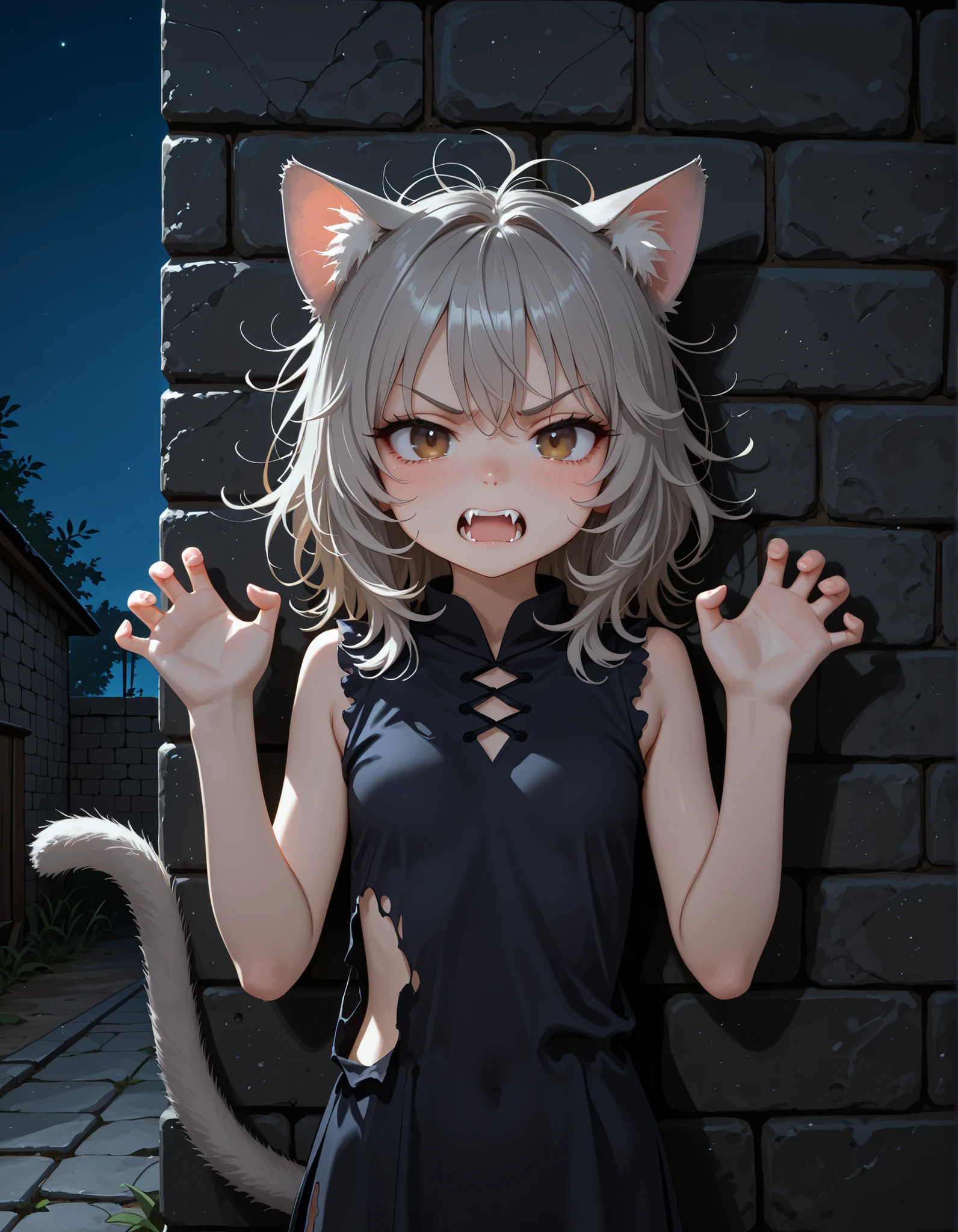 ,, 1girl, petite, (skinny and frail:0.7), cat girl, against wall, stone wall, brown eyes,looking at viewer, grey hair, medium hair, messy hair, angry, (scared:0.4), (open mouth:0.5), fangs, hands up, (tearing up:0.5), tail raised, torn clothes, straight-on, dark, night, outdoors, masterpiece,best quality, amazing quality,