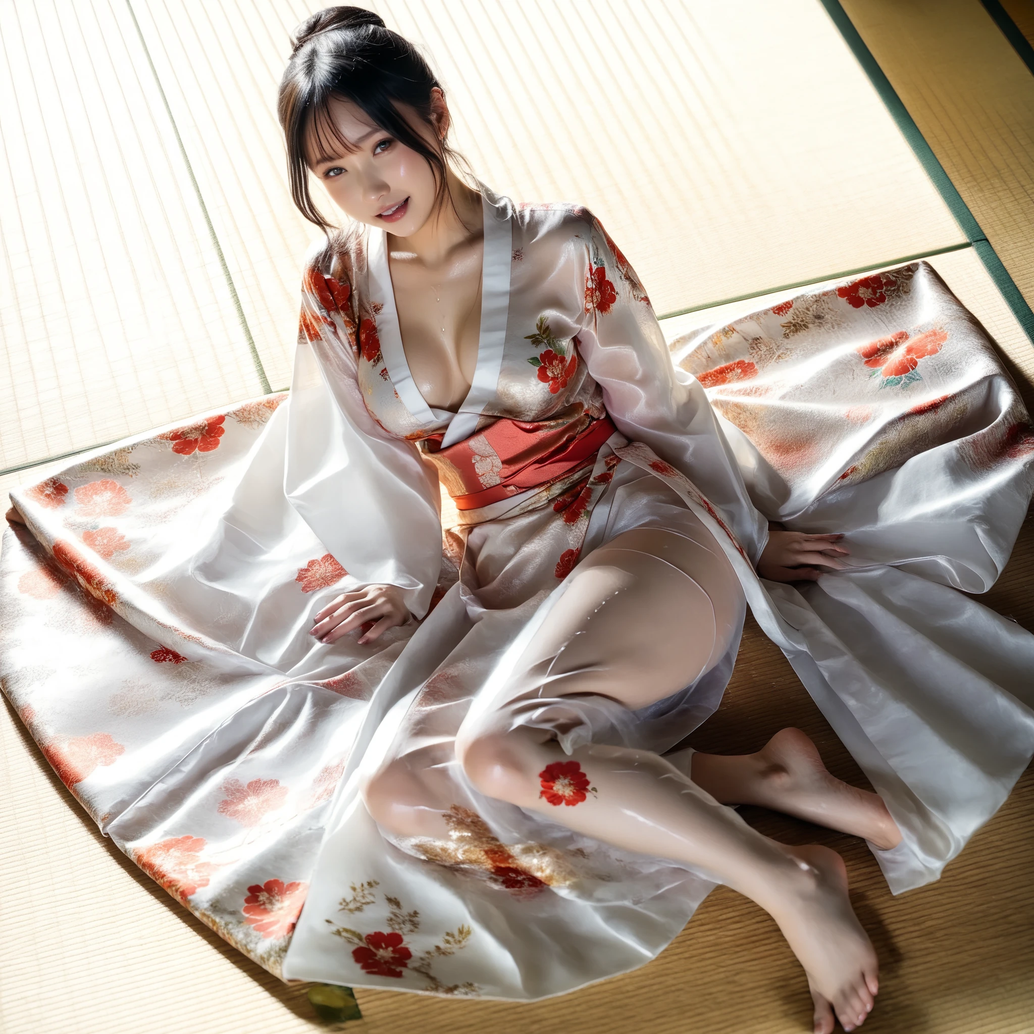 最High Quality 、High Quality 、 最high definition、high definition、8K quality、high image quality 、最High Quality、 masterpiece 、immersive video、 VERY REALISTIC IMAGES 、Realistic Paintings、 perfect details 、 from out of view High contrast 、High Fidelity、 perfect pictures without blur、close to reality、 image faithfully reproduced down to the smallest detail、 EXQUISITE AND REALISTIC WEAPONS 、 Exquisite and realistic human skin 、 Realistic face in every detail、 Realistic eyes with attention to detail 、 realistic lips drawn with minimal detail 、 detailed and real teeth、Real Ears、 Realistic Hair 、((Japanese Model))、((gravure idol))、((young face))、((black hair))、((medium rounded breasts))、((stylish body ))、(((Sweaty skin all over )))、((Wear a floral kimono made of transparent vinyl,Clear vinyl fits your skin perfectly))、((Wear a floral kimono made of transparent nylon,Clear nylon adheres perfectly to the skin))、((See your skin through a clear vinyl kimono))、((See your skin through a clear nylon kimono))、((Traditional Japanese room))、(((Sexy side seat on tatami mat in a Japanese-style room )))、(((Full Body Footage from Head to Toe,)))、(((angle from above.See her up close)))