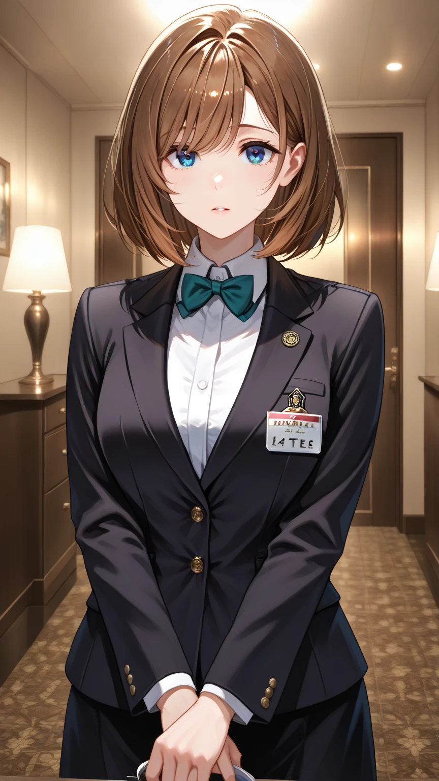 masterpiece，best quality，8k Illustration，Haibara Ai，Aoyama Gangsho style，Smooth lines，best quality，The finest details，Actress，Medium shot，The best background，Best quality，The brightest smile，Ultra Detailed，Best Illustration，The best shadow，Solitary，Uniforms, Black jacket，Light pink shirt inside, (jk brown skirt:1.2), Black knee socks, Looking at the audience, Put your hands behind your back，Small Breasts，The best costumes，The most beautiful proportion，#11: Short Wavy Brown Hair，Brown hair with natural sheen，Deep and bright blue eyes，It seems to be able to  people's hearts，Smile brightly，Send out positive emotions，Delicate skin，The texture is clearly visible，Lively expressions，As if about to jump out of the screen，Stylish looks，Exudes a sense of modernity，Dreamy atmosphere，Warm tones，Artistic and cartoonish，simple design，Lively，The character's smile and overall demeanor give off a friendly and approachable impression，Flowing hair，