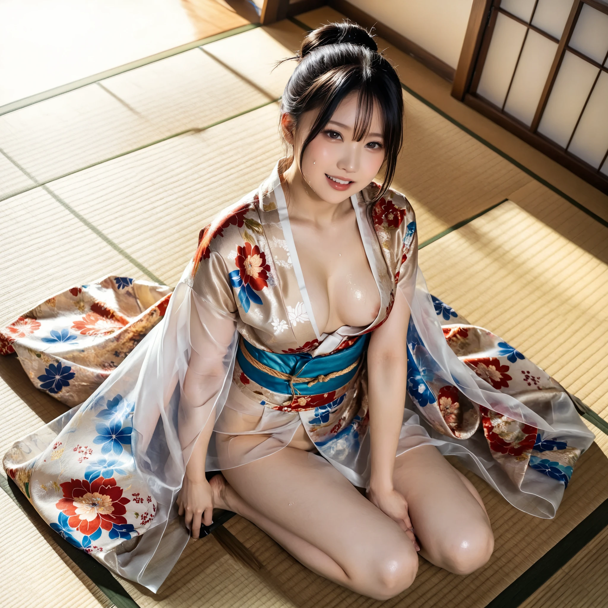 最High Quality 、High Quality 、 最high definition、high definition、8K quality、high image quality 、最High Quality、 masterpiece 、immersive video、 VERY REALISTIC IMAGES 、Realistic Paintings、 perfect details 、 from out of view High contrast 、High Fidelity、 perfect pictures without blur、close to reality、 image faithfully reproduced down to the smallest detail、 EXQUISITE AND REALISTIC WEAPONS 、 Exquisite and realistic human skin 、 Realistic face in every detail、 Realistic eyes with attention to detail 、 realistic lips drawn with minimal detail 、 detailed and real teeth、Real Ears、 Realistic Hair 、((Japanese Model))､((gravure idol))、((young face))、((black hair))、((medium rounded breasts))、((stylish body ))、(((Sweaty skin all over )))、((Wear a floral kimono made of transparent vinyl,Clear vinyl fits your skin perfectly))、((Wear a floral kimono made of transparent nylon,Clear nylon adheres perfectly to the skin))、((See your skin through a clear vinyl kimono))、((See your skin through a clear nylon kimono))、((Traditional Japanese room))、(((Sexy side seat on tatami mat in a Japanese-style room )))､(((Full Body Footage from Head to Toe,)))､(((angle from above.See her up close)))
