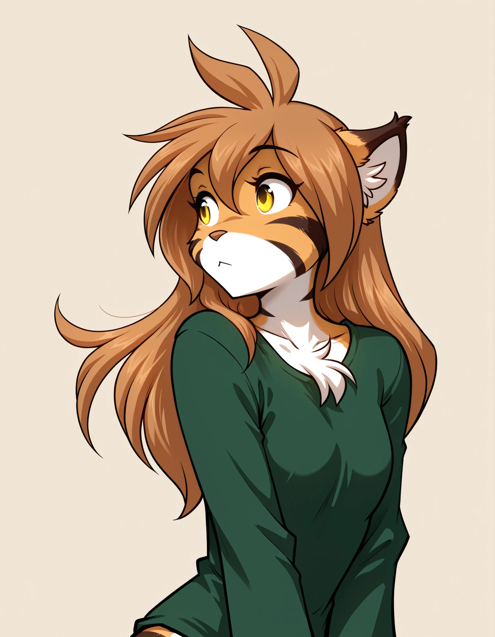 ,, furry, solo, flora-twokinds, flora_twokinds,, tiger, striped fur, keidran, yellow eyes, anthro, simple background,,, green shirt