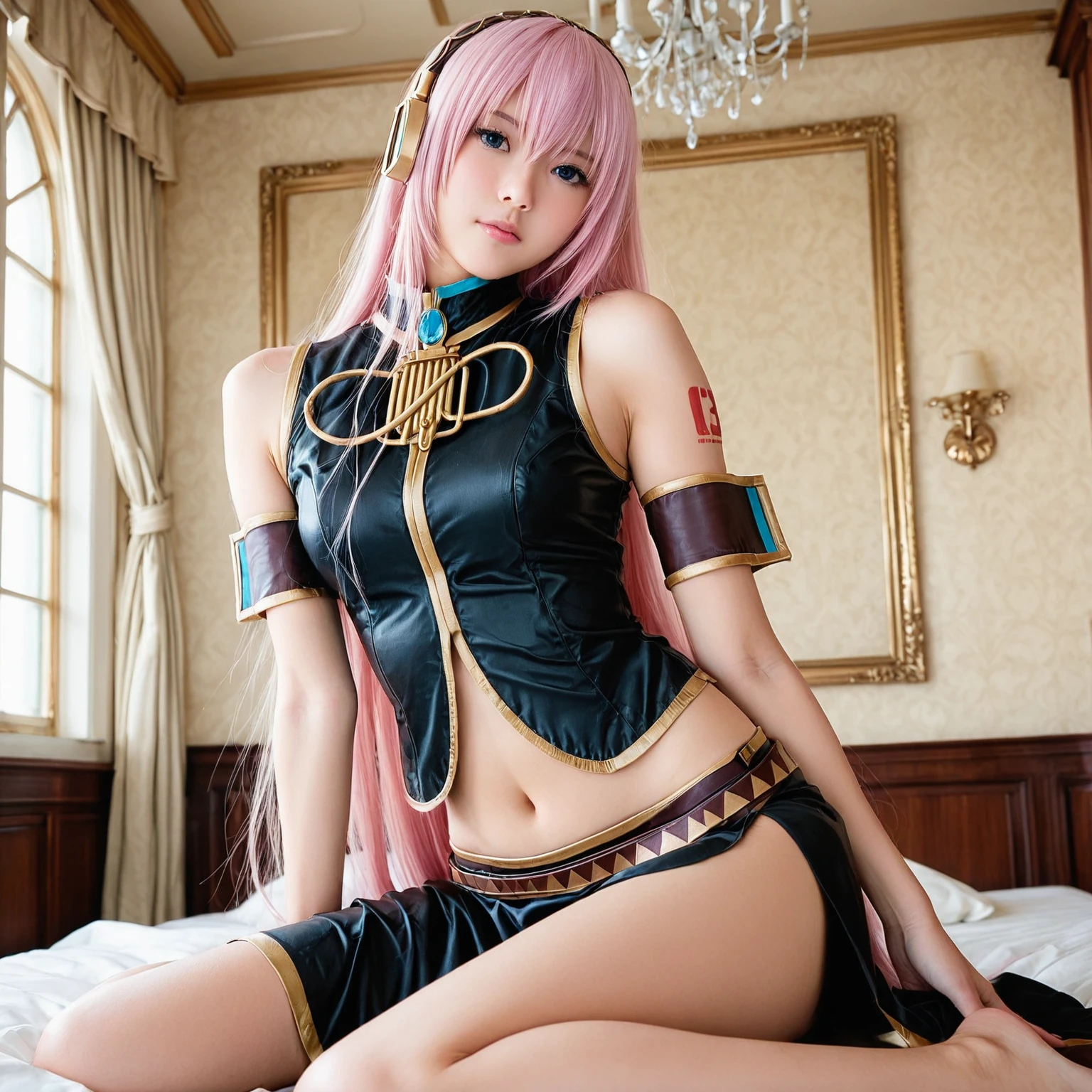 ((Masterpiece, Top Quality, Super Definition, High Definition, Realistic, Korea)),Solo,Beautiful Girl,Long Hair,Shining Eyes,Perfect Eyes,15 Years Old,Has 5 Fingers of Hand,Full Body,Red Armor、White Mini Skirt、Pink Hair、Right Hand Three-Pronged Spear