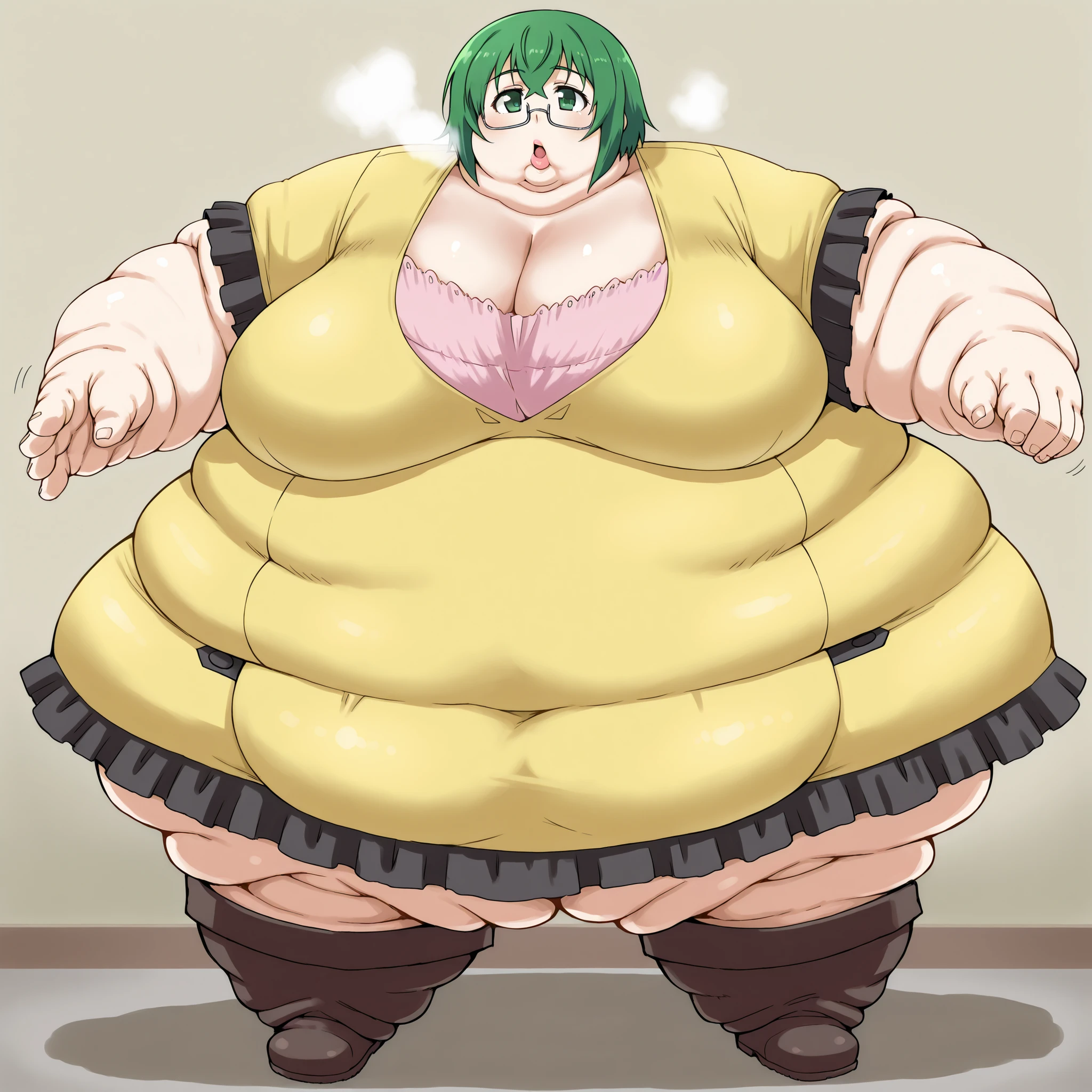 ism4ya, green hair, short hair, green eyes, large breasts
glasses, under-rim eyewear, yellow dress, cleavage, pink undershirt, short sleeves, black frills, brown boots, knee boots, breasts, fat, chubby, obese, fat neck, multiple chins, big breasts open mouth, out of breath, Larger female, full body shot, only head, large head, oversized limbs, large hands, large feet, oversized feet, oversized fingers, big lips, plump lips, fat face, fupa, big fupa, fat fupa, 