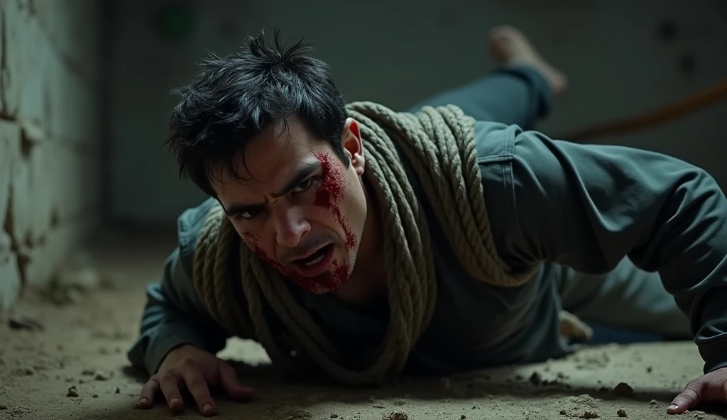 Man wrapped tied up by thick ropes piles by two Chinese girls