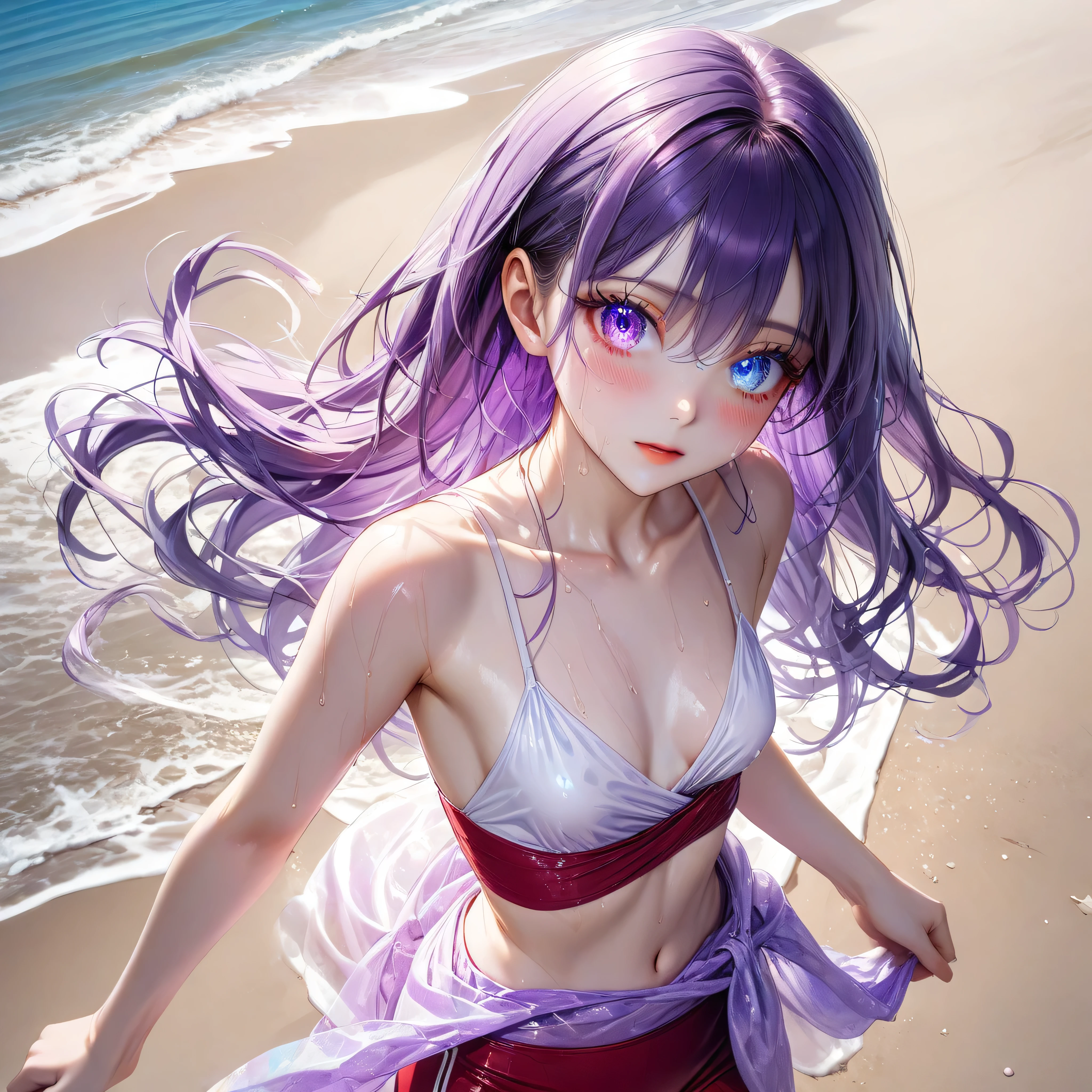 ((Highest quality, 8K, highest resolution, masterpiece, ultra-realistic)), ((Purple pareo wrapped around her waist)), ((High school girl with heterochromia)), ((Heterochromia, blue eyes, red eyes)), ((Sparkling, detailed eyes)), (Very precise eyes), ((Crystal-like eyes)), (Long, wavy platinum and purple hair), Princess cut, ((Translucent white skin)), Shining skin, Very white skin, ((Very small breasts)), ((Wearing a red tankini, with a purple pareo wrapped around her waist, walking along the beach)), ((from above, upper body, looking down)),Gaze, Blushing, ((A little sweaty)), ((Beautiful beach)), Beautiful sunset