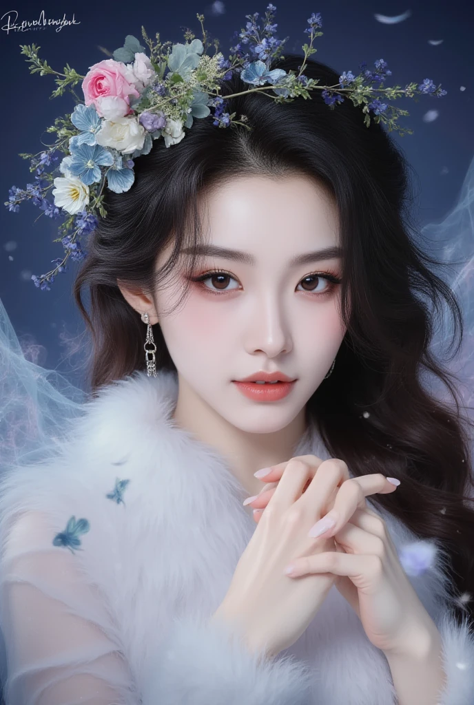 4K Ultra HD, Masterpiece, a young woman, good face, Detailed eyes, detailed lips, Flower Fairy, big wings, clear wings, neon light, (Galaxy Background:1.5), (Flower dress:1.8), (Indigo set:1.5), In heaven, sit,