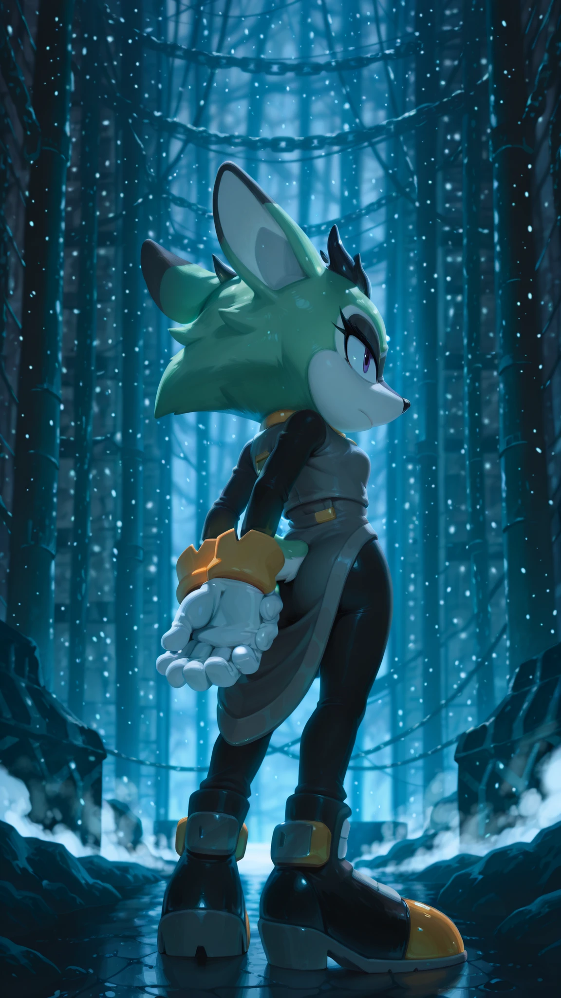 masterpiece, best quality, amazing quality, very aesthetic, high resolution, ultra-detailed, absurdres, newest, scenery, furry, anthro, sonic \(series\), 1girl, solo, furry female, Clove the Pronghorn, green fur, two-tone fur, white skin, black horns, grey coat, tailcoat, raglan sleeves, black pants, hoof shoes, gloves, military base, cold lighting, depth of field, detailed fluffy fur, volumetric lighting, full body, standing, hands behind back, serious face, side view