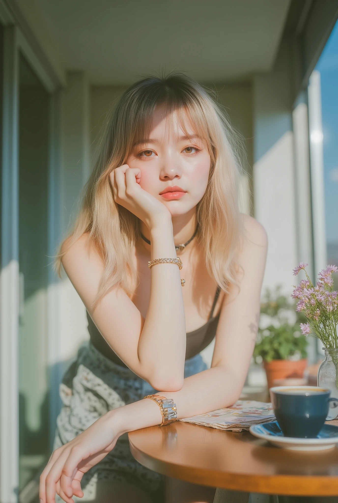 { "image_parameters": { "style": "Canon IXUS Aesthetics", "type": "Auto-focus photography", "quality": "hyperrealistic", "tone": "sharp、Direct ", "lighting_and_atmosphere": "Asahi plugging in from an angle＋Realistic atmosphere with a slight flash highlight" }, "subject": { "constraints": { "facial_identity": "Reference image and 100%Consistency", "face_edits": "none" }, "hair": { "style": "long、natural、Slightly tousled layered hair", "movement": "Gently fluttering in the morning breeze outside", "details": "The bangs and the ends of the side hair lightly touch the cheeks" }, "makeup": { "cheeks_and_nose": "Soft pink cheeks with a blur effect", "lips": "Subtle pink-orange contour" }, "expression": [ "cute", "Naive", "Bright", "slightly sexy／Modest Charm" ], "pose": { "body_position": "Half-standing by a small round table", "action": "I'm fluttering my hair while leaning carefully and lightly against the veranda", "gaze_direction": "With a gaze that seems to look up at the sky a little in the distance、Expression enjoying the morning air", "hands": "touch the hair with one hand、The other one is looking at the veranda instructions" }, "clothing": { "top": "黒のスト wrap with dowelsレストップス", "bottom": "Low-waisted jeans（Waistline is highlighted）", "neck": "Thin black fabric choker／ wrap with dowels" }, "accessories": [ "small pendant necklace", "gold watch" ] }, "environment": { "setting": "A comfortable and refreshing morning on the veranda in a city apartment", "foreground_props": [ "Small round balcony table", "Iced coffee in a glass", "Light breakfast plate（Croissants and other sounds）" ], "background_details": [ "The outer wall of the building dyed orange by the morning sun"、"Still quiet street and distant sky"、"Potted plants on the balcony" ] } }
