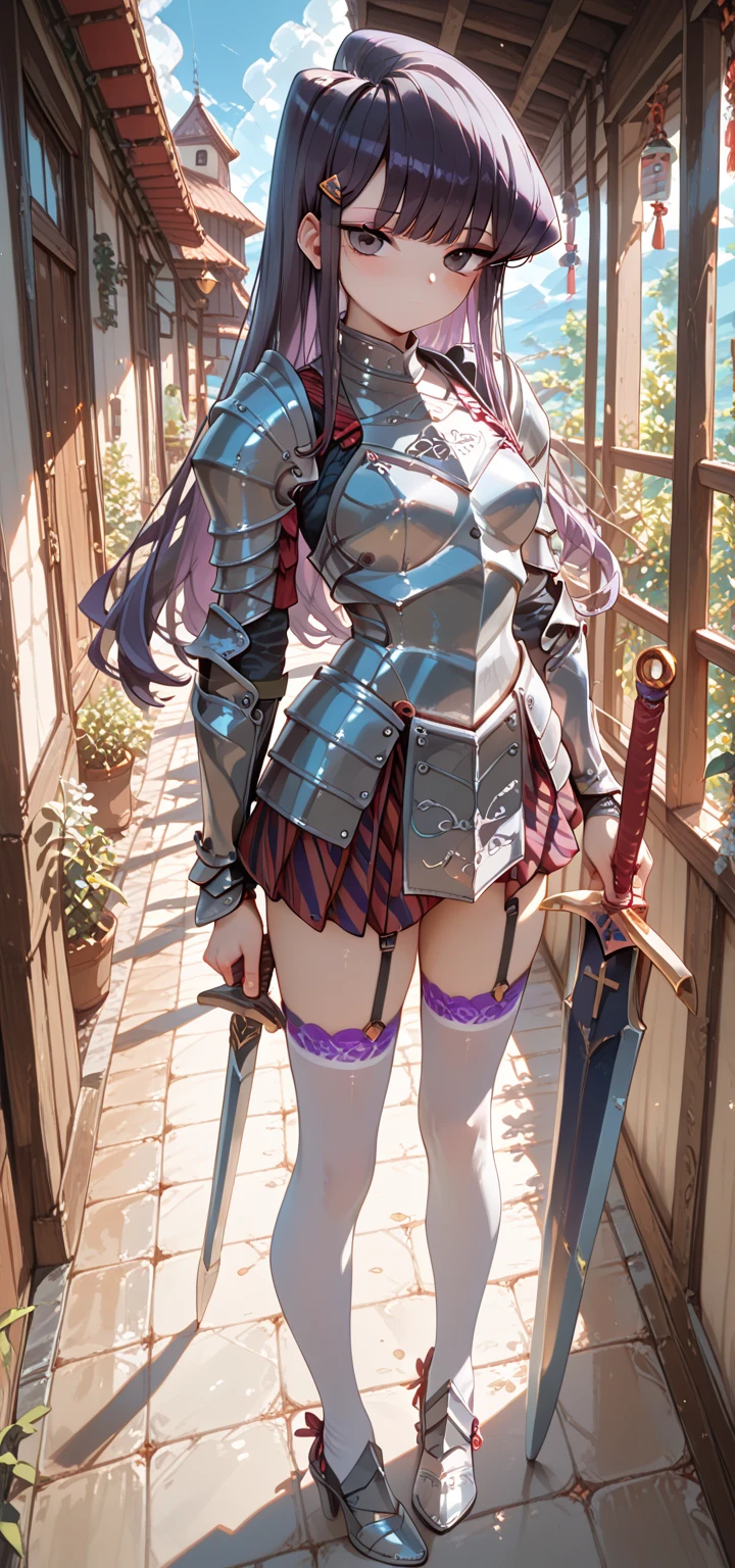 masterpiece、highest quality、Very detailed、Photograph the upper body、1 female、(Put your arms behind your back:1.4)、Are standing、Turn your body forward、View your viewers、(Woman warrior:1.3,armor:1.3)、break,blush、shy、Pink Hair、Open your mouth、grassland、Big 、