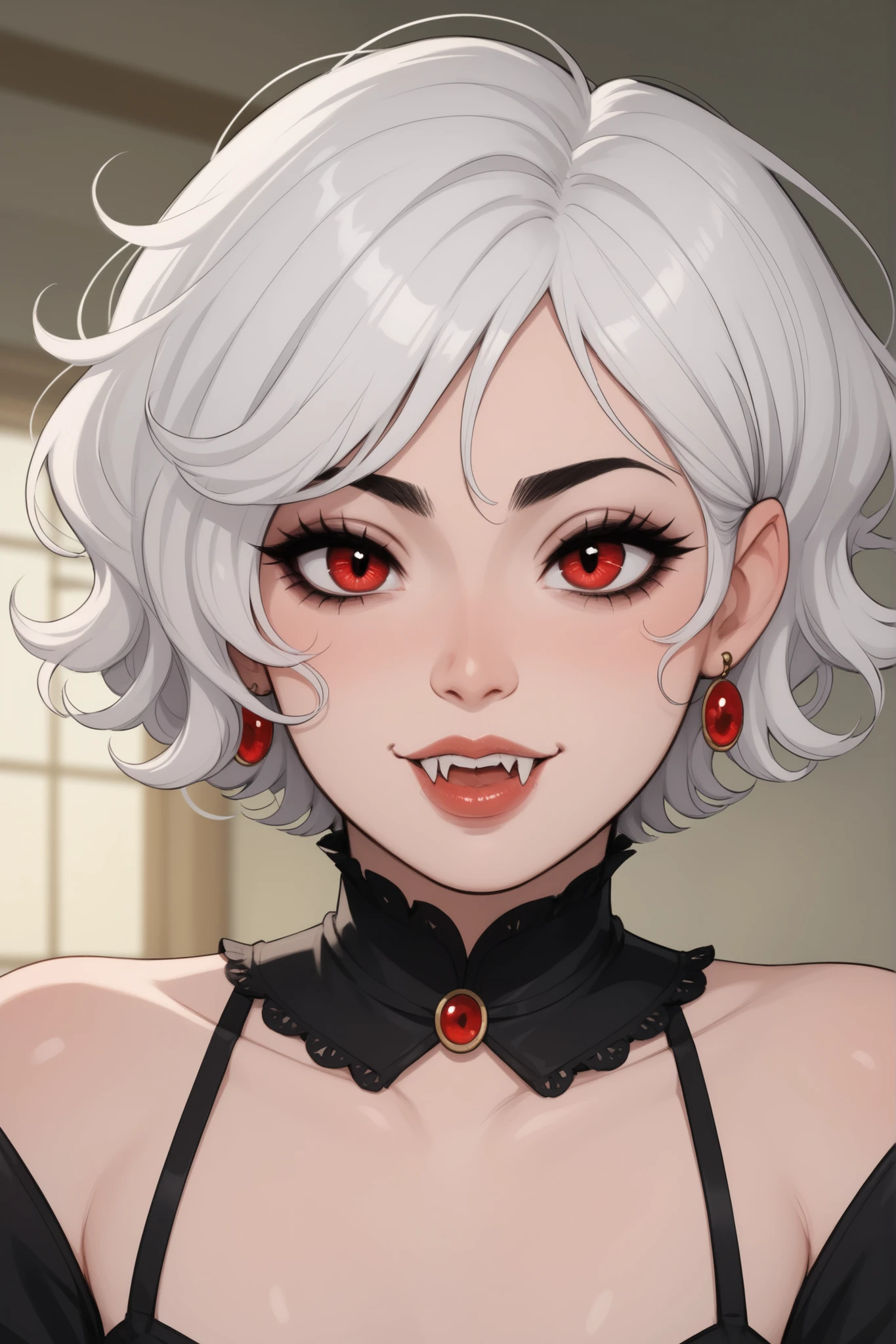 masterpiece. The femboy . white short hair, Vampire, red eyes, beautiful eyes, long lashes, plump lips, fangs. cute face.