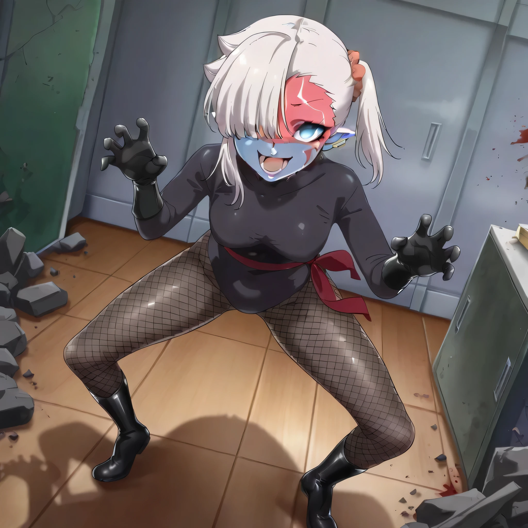 (((Masterpiece))), (((Best Quality))), ((Super Detail)), ultra-High resolution, score_9,score_8_up,score_7_up,score_6_up,score_5_up,score_4_up, BREAK, source_anime, anime screencap, uncensored, Masterpiece, (best shadow), (absurdres), (detailed background), (very aesthetic), detailed beautiful eyes, outstanding, detailed soft lighting, an exquisite animation illustration, curvy, highres, shiny clothing, dark persona, empty eyes, blank eyes, shocker, black leotard, latex elbow gloves, brown fishnet pantyhose, red sash, neck, makeup, (((blue skin))), colored skin, (((solo, 1girl))), hair ornament, pose, submissive pose, anime style, anime coloring, animification, megami magazine, pose, dynamic angle, cinematic angle, dutch angle, dynamic composition, small , Ishikawa Luna, grey hair, pointy ears, blue eyes, medium hair, hair over one eye, single sidelock, side ponytail, scrunchie, earrings, side ponytail, hair flaps, ear piercing, indoor, classroom, night, night scene, school, evil smile, evil grin, open mouth, looking from front, view from front, from front, apocalyptic, apocalyptic city, debris, rubble, remains of buildings, blood splatter, , full body, , claw pose, standing, spreading legs, bowlegged pose, fighting, fighting stance, dynamic pose, action pose,